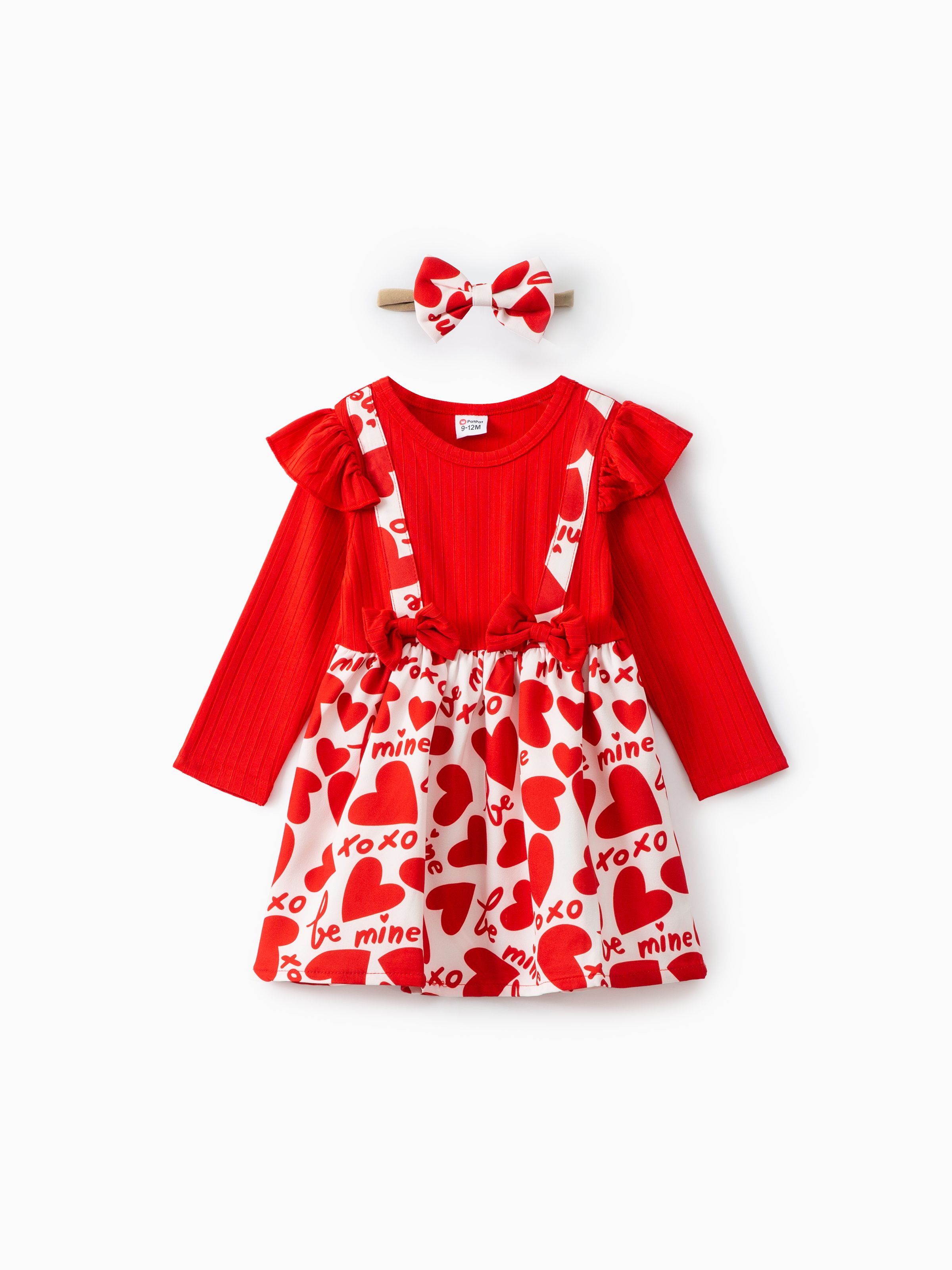 

2pcs Baby Girl Red Ribbed Ruffle Long-sleeve Spliced Heart & Letter Print Dress with Headband Set