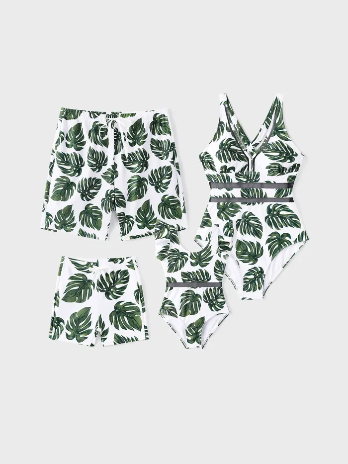 Family Matching Leaf Pattern Drawstring Swim Trunks or Cross Back Swimsuit 
