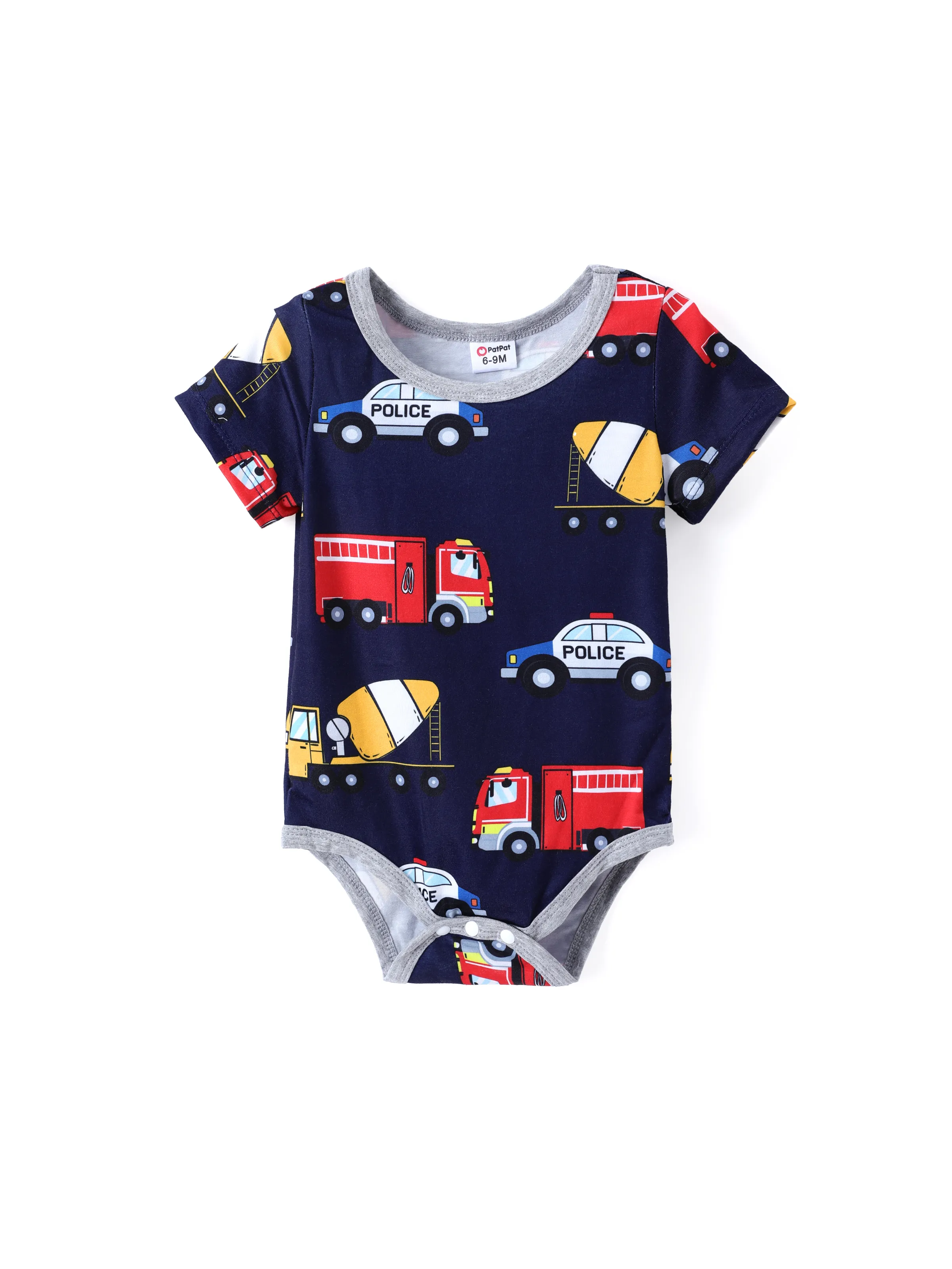 

Baby Boy Cartoon Vehicle Print Grey/White/Colorful Striped Short-sleeve Romper