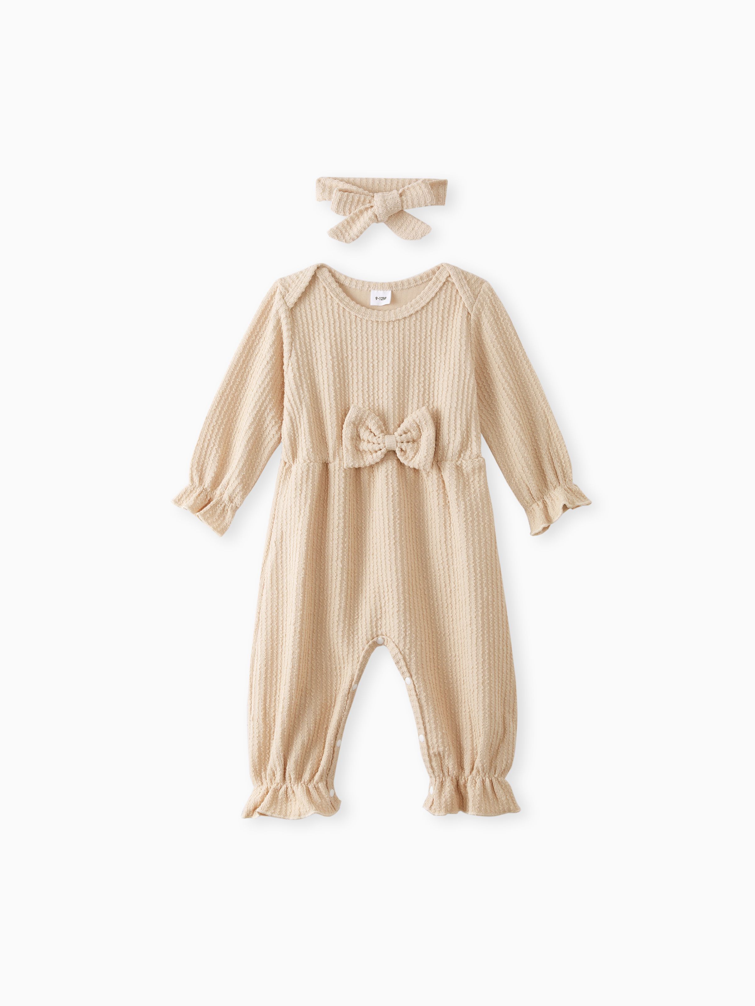 

2pcs Baby Girl 100% Cotton Solid Ribbed Long-sleeve Bowknot Ruffle Jumpsuit and Headband Set