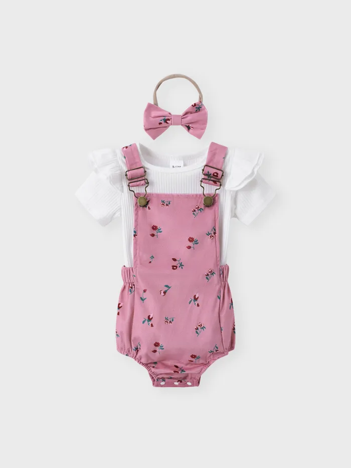 3pcs Baby Girl 95% Cotton Ribbed Ruffle Short-sleeve Top and Floral Print Romper & Headband Set