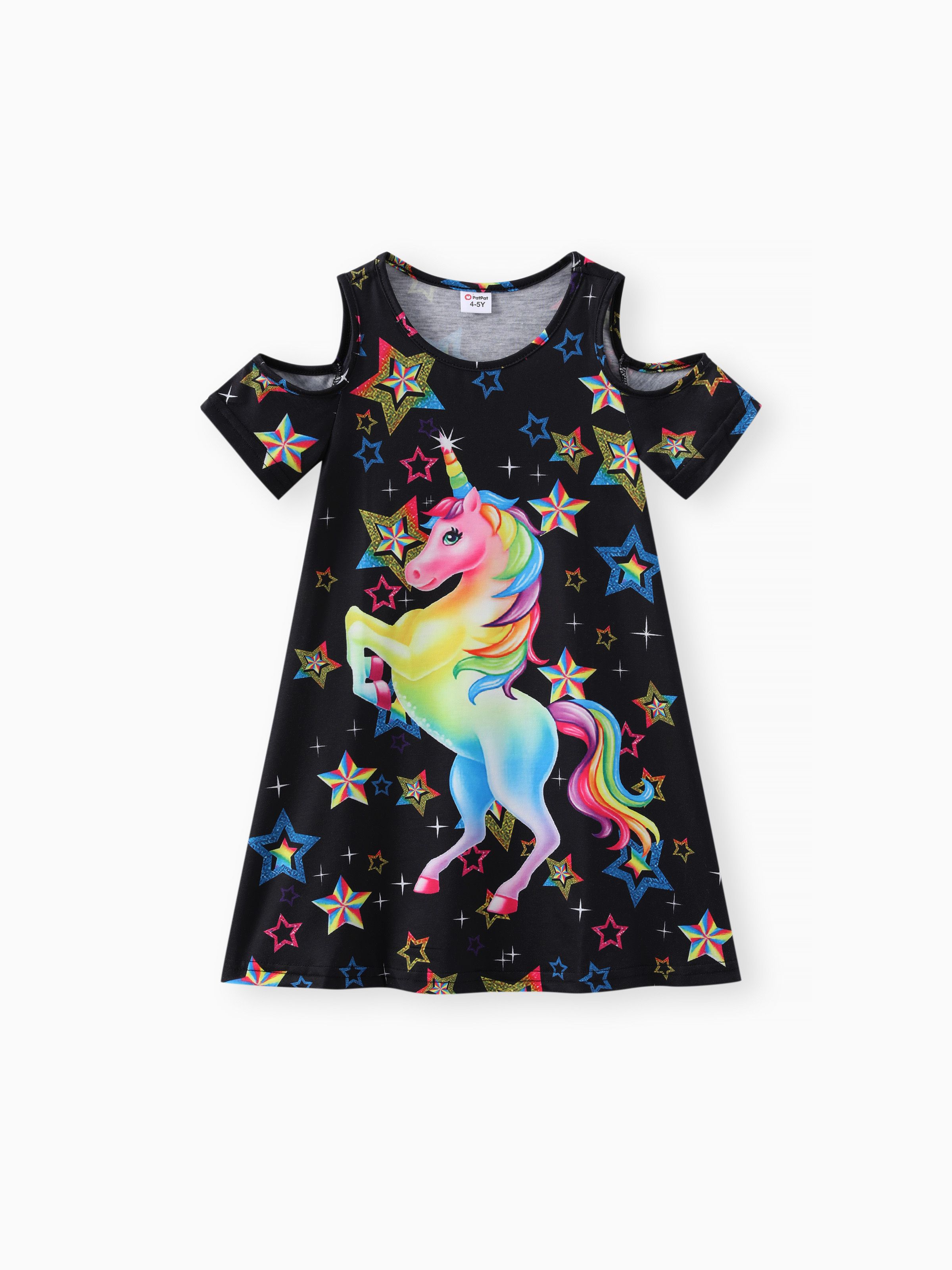 

Kid Girl Unicorn Stars Print Cold Shoulder Short-sleeve Dress
