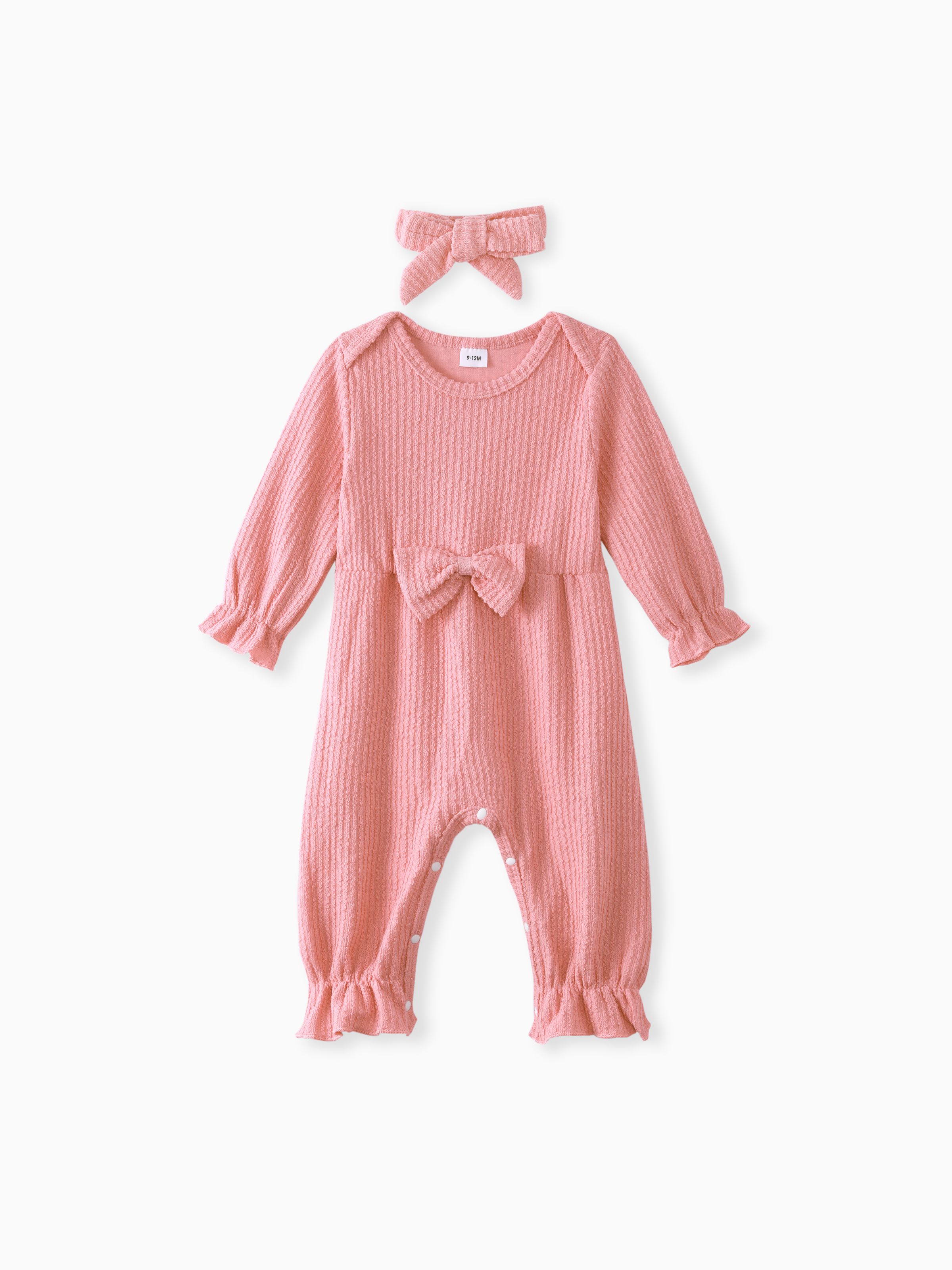 

2pcs Baby Girl 100% Cotton Solid Ribbed Long-sleeve Bowknot Ruffle Jumpsuit and Headband Set