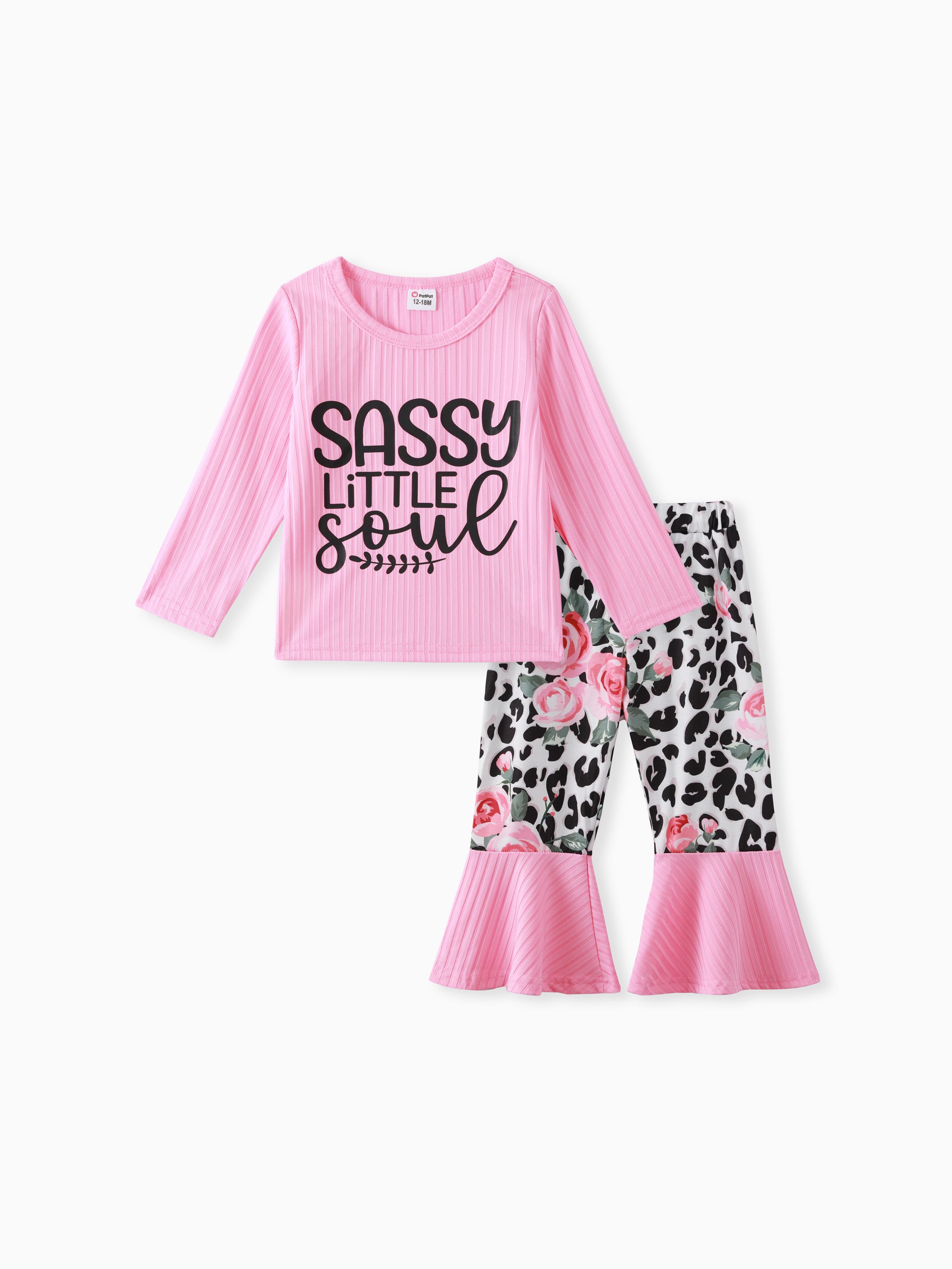 

2pcs Baby Girl Letter Print Pink Long-sleeve Ribbed Top with Leopard and Floral Print Bell Bottom Pants Set
