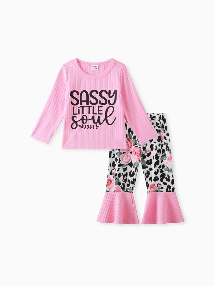 2pcs Baby Girl Letter Print Pink Long-sleeve Ribbed Top with Leopard and Floral Print Bell Bottom Pants Set