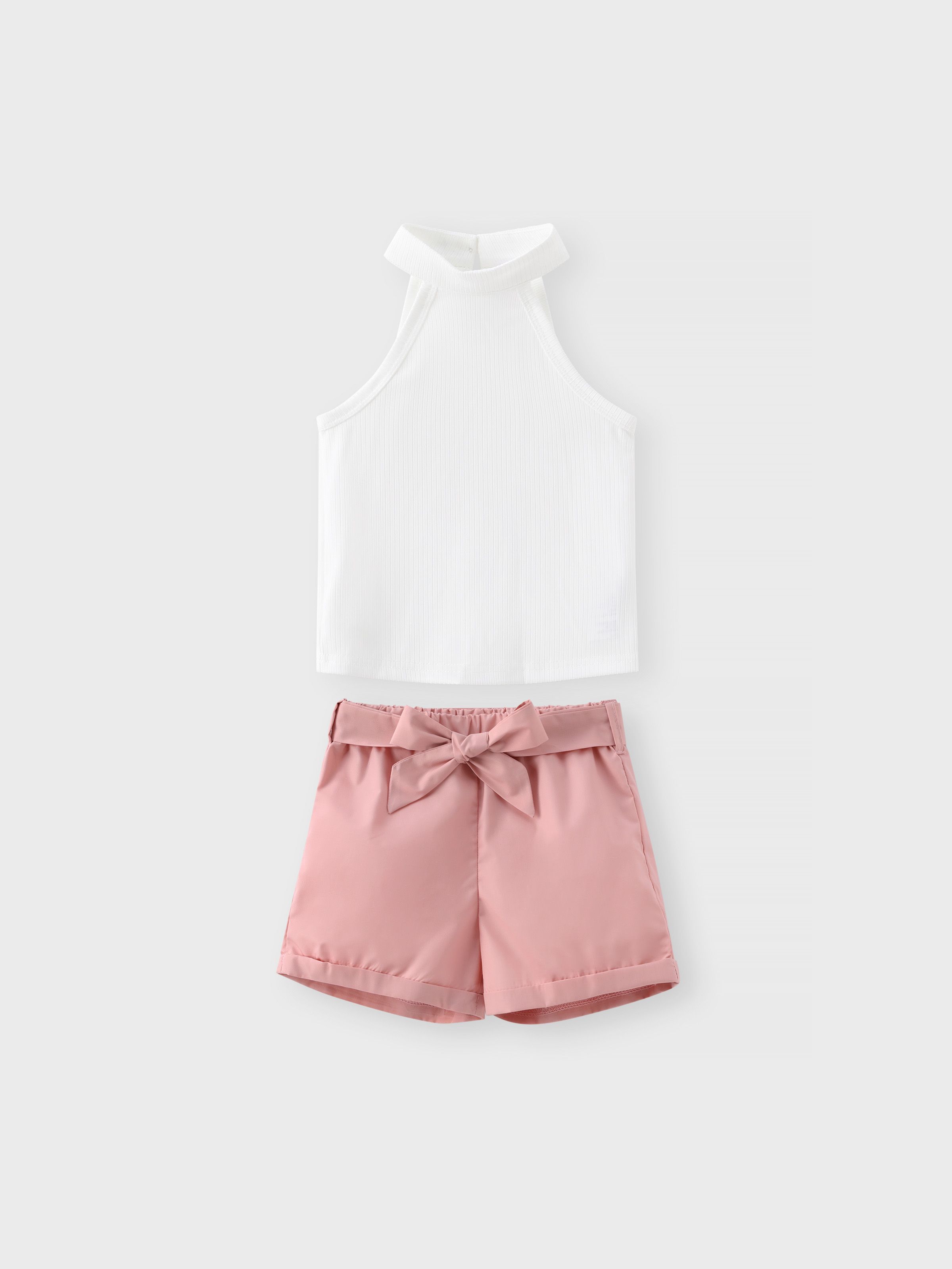 

2pcs Toddler Girl Ribbed Halter Tank Top and Belted Shorts Set