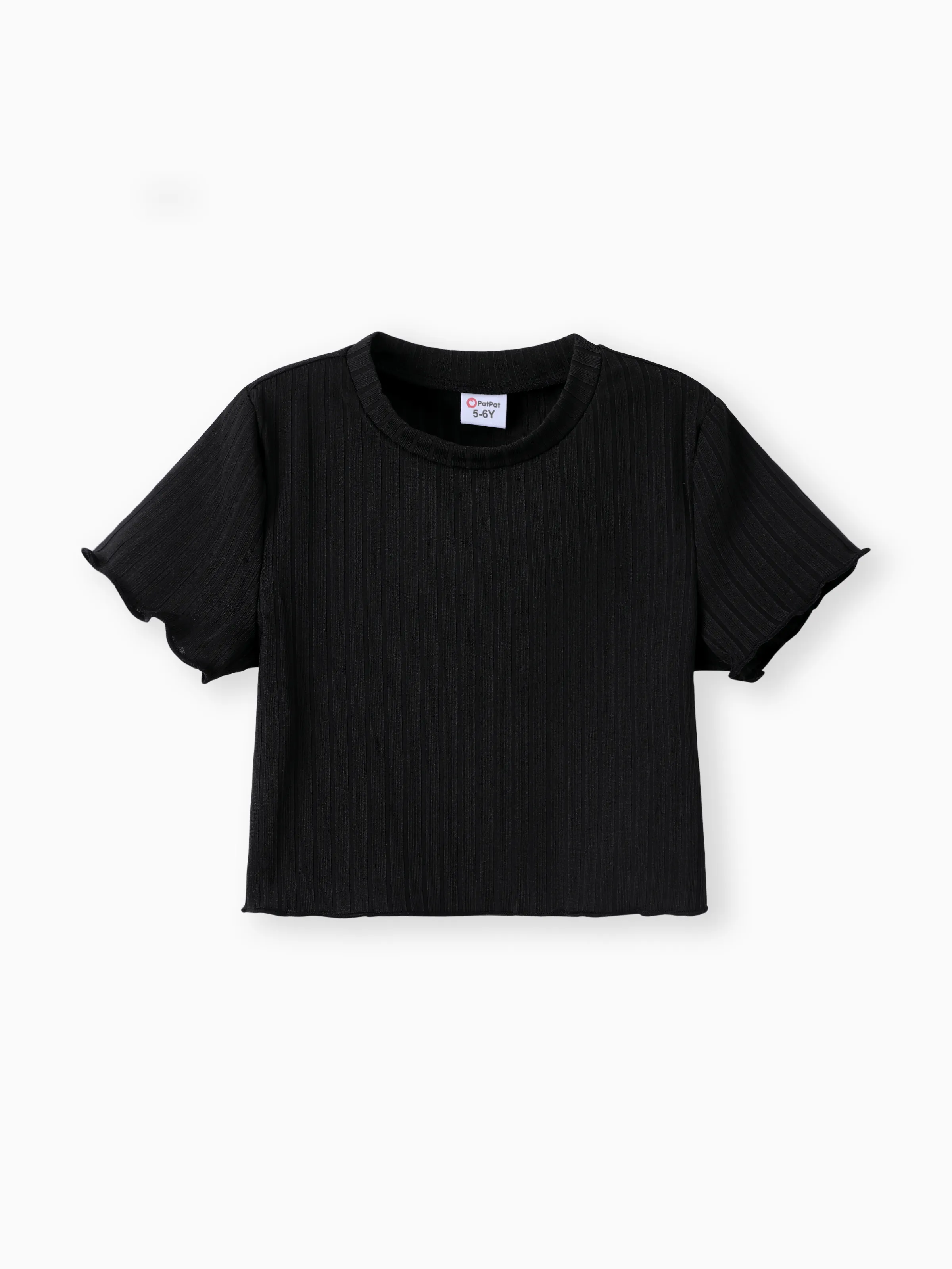 Kid Girl Solid Color Ribbed Lettuce Trim Short-sleeve Tee