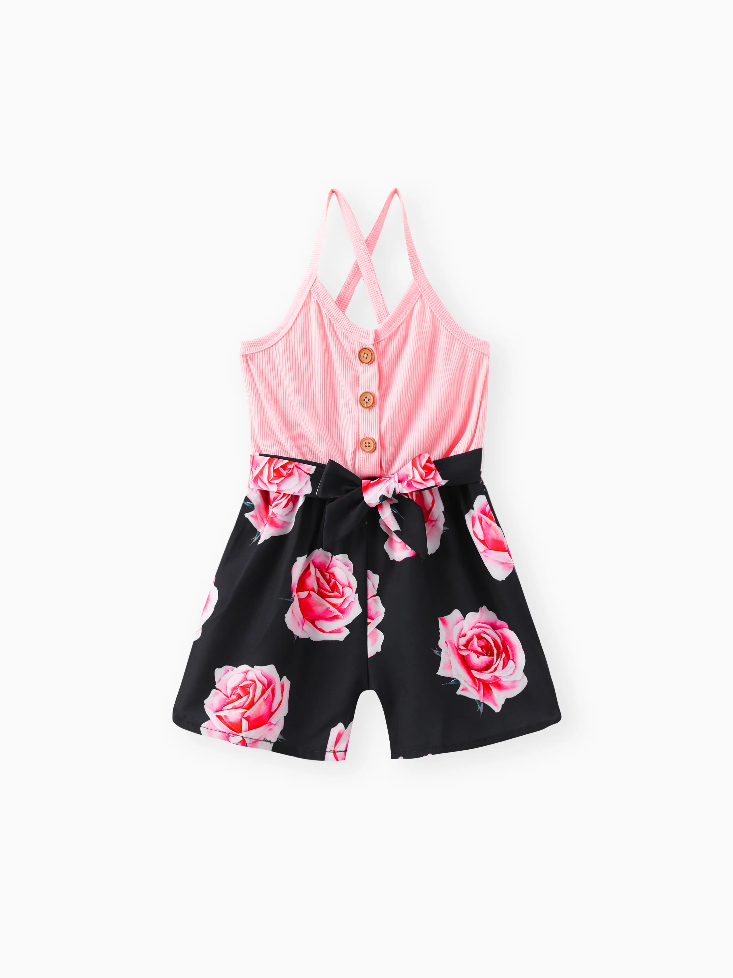 

Toddler Girl Floral Print Splice Button Design Back Crisscross Belted Cami Romper