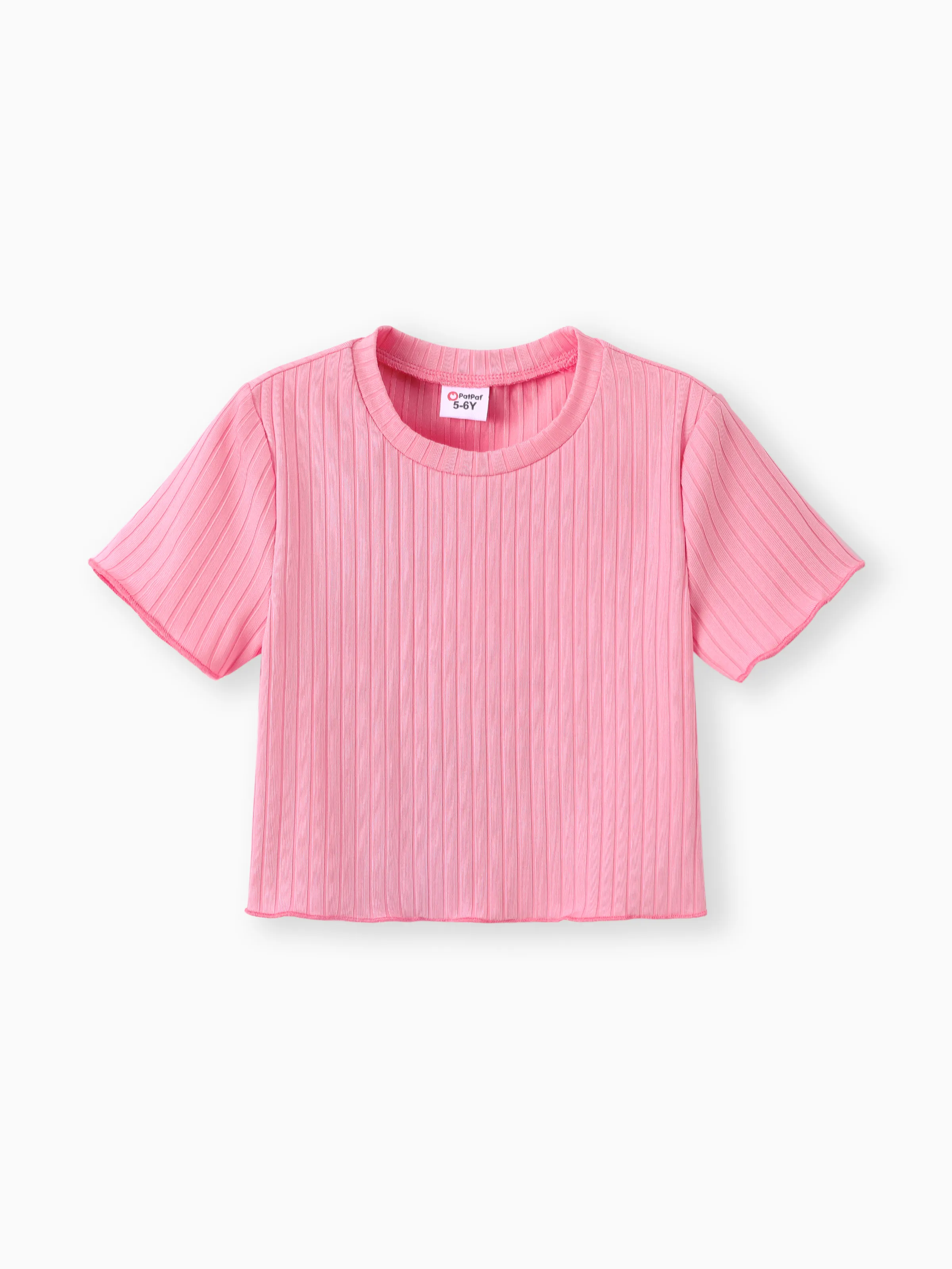 

Kid Girl Solid Color Ribbed Lettuce Trim Short-sleeve Tee