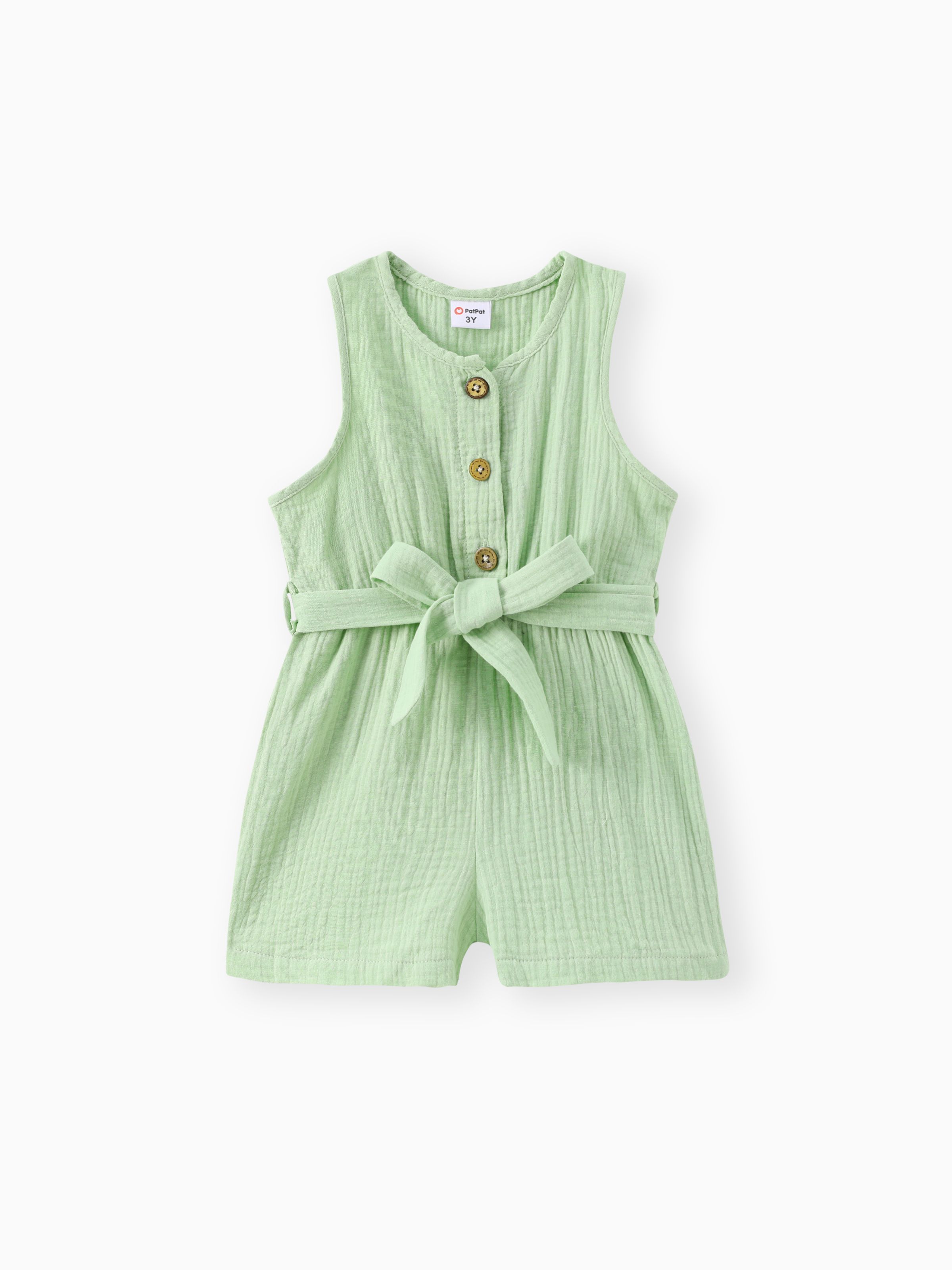 Toddler Girl 100 Cotton Solid Color Button Design Sleeveless Belted Romper Jumpsuit Shorts Only MX 374.77 PatPat GLB Mobile