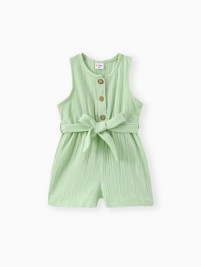 Toddler Girl 100% Cotton Solid Color Button Design Sleeveless Belted Romper Jumpsuit Shorts