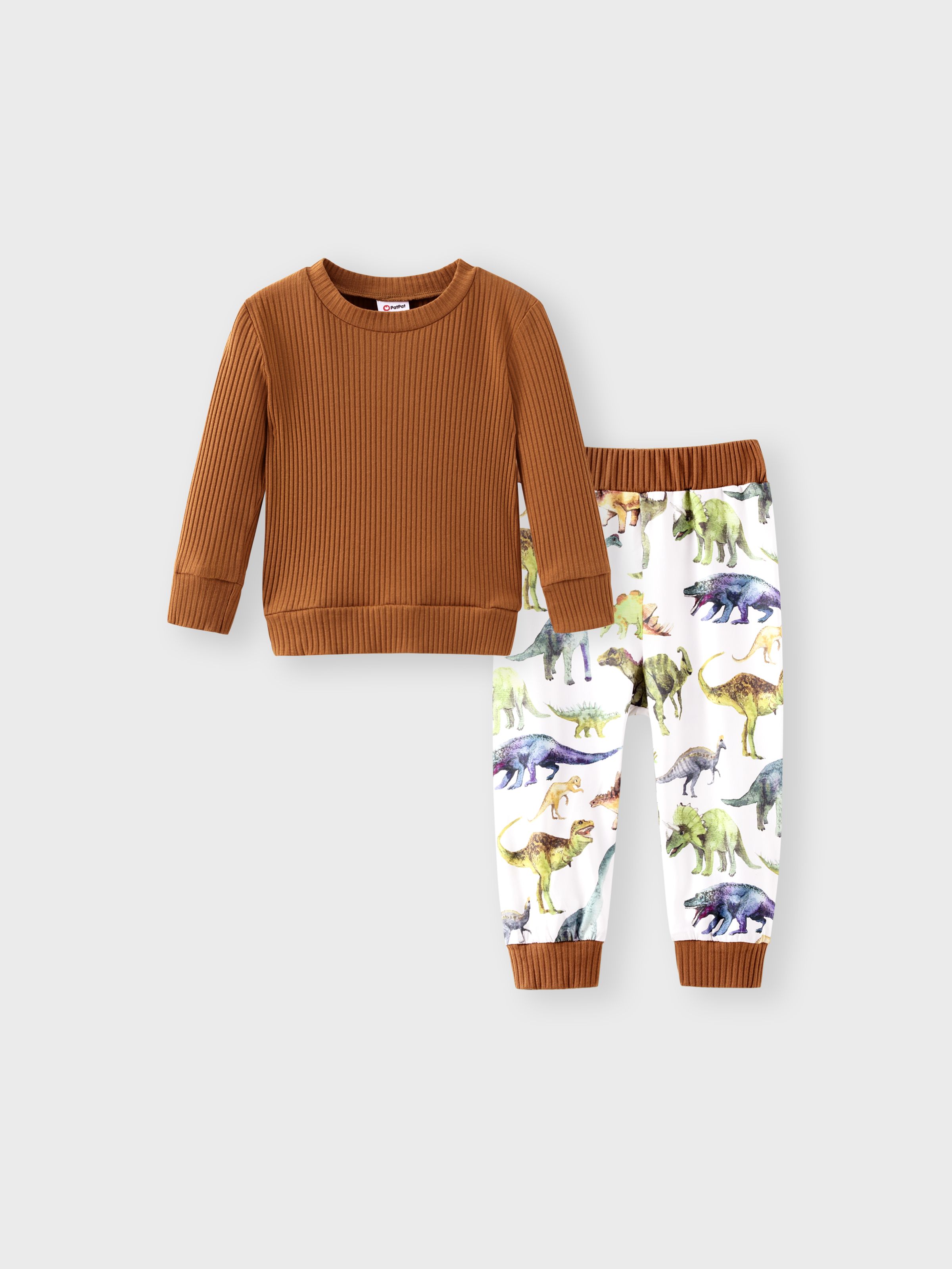 

2pcs Baby Boy Solid Cotton Ribbed Long-sleeve Pullover and Allover Dinosaur Print Pants Set