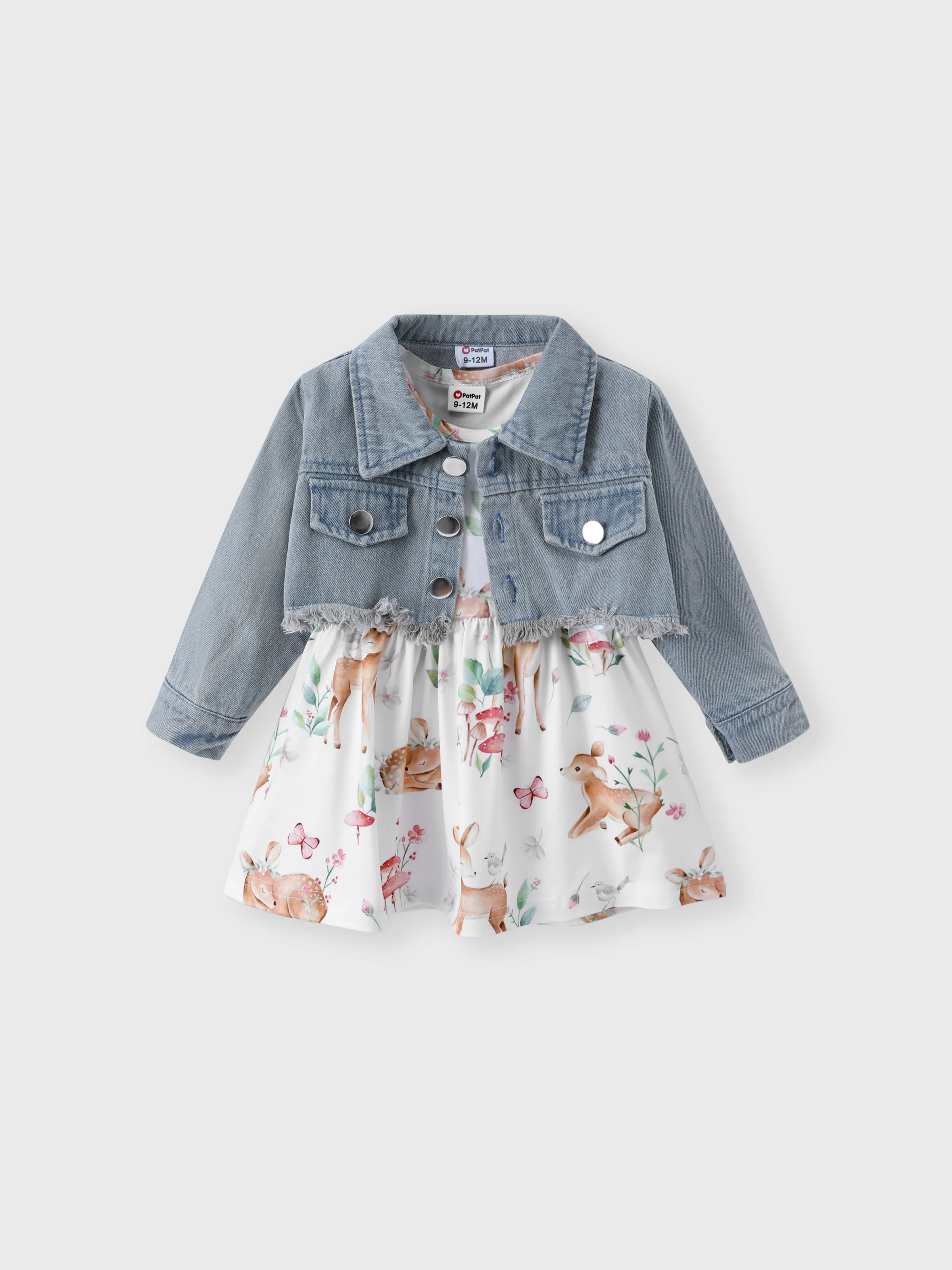 

2pcs Baby Girl Allover Deer Print Tank Dress and Long-sleeve Raw Trim Denim Crop Jacket Set