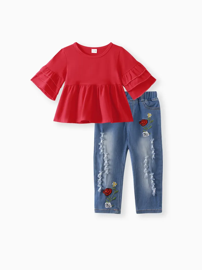 2pcs Baby Red Bell Sleeve Loose-fit Top and Floral Embroidered Ripped Denim Jeans Set