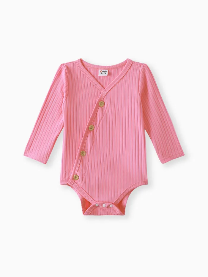 Baby Girl Solid Ribbed V Neck Long-sleeve Romper