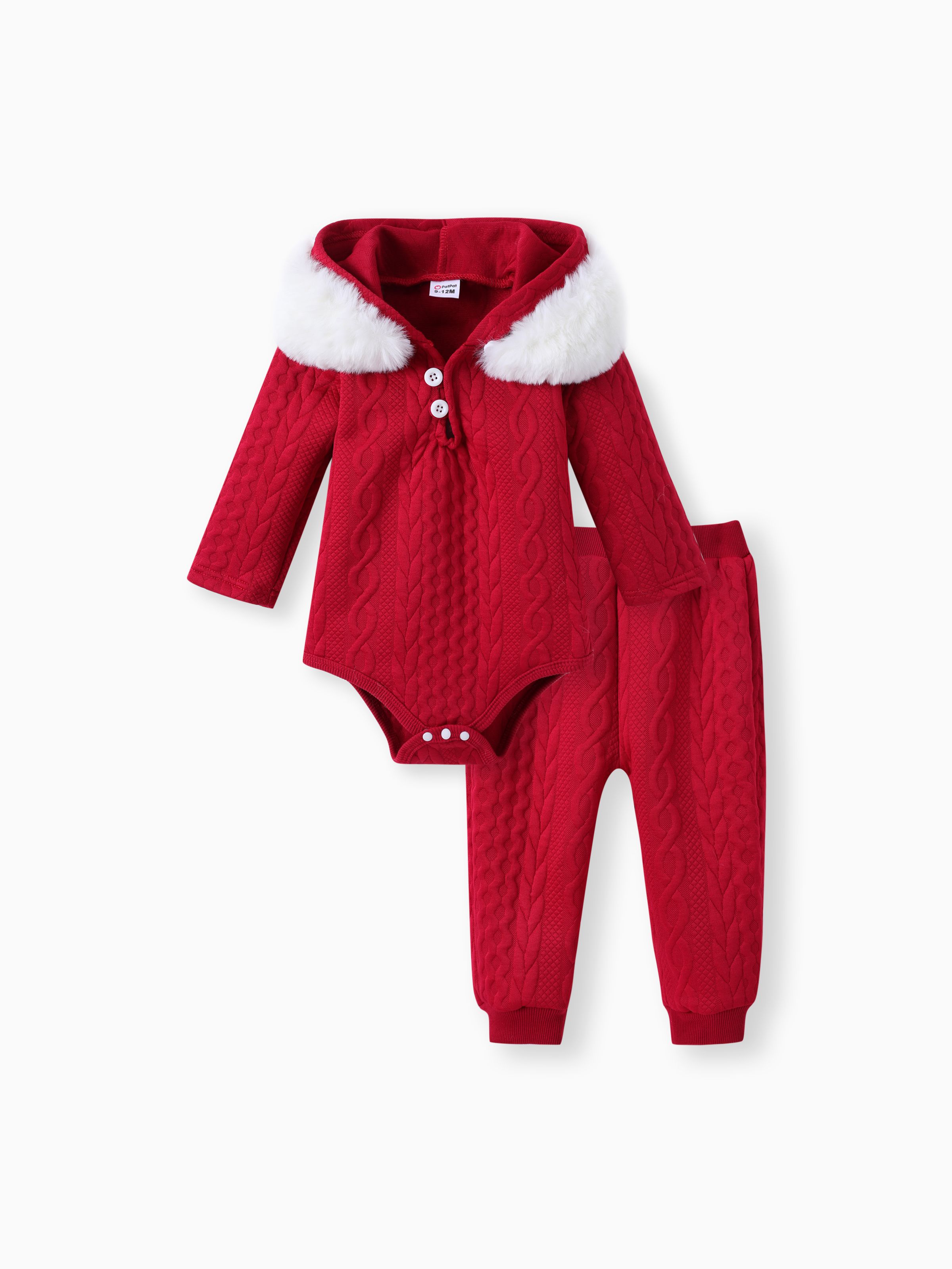 

2pcs Baby Boy/Girl White Imitation Knitting Textured Spliced Faux Fur Hooded Long-sleeve Romper and Pants Set