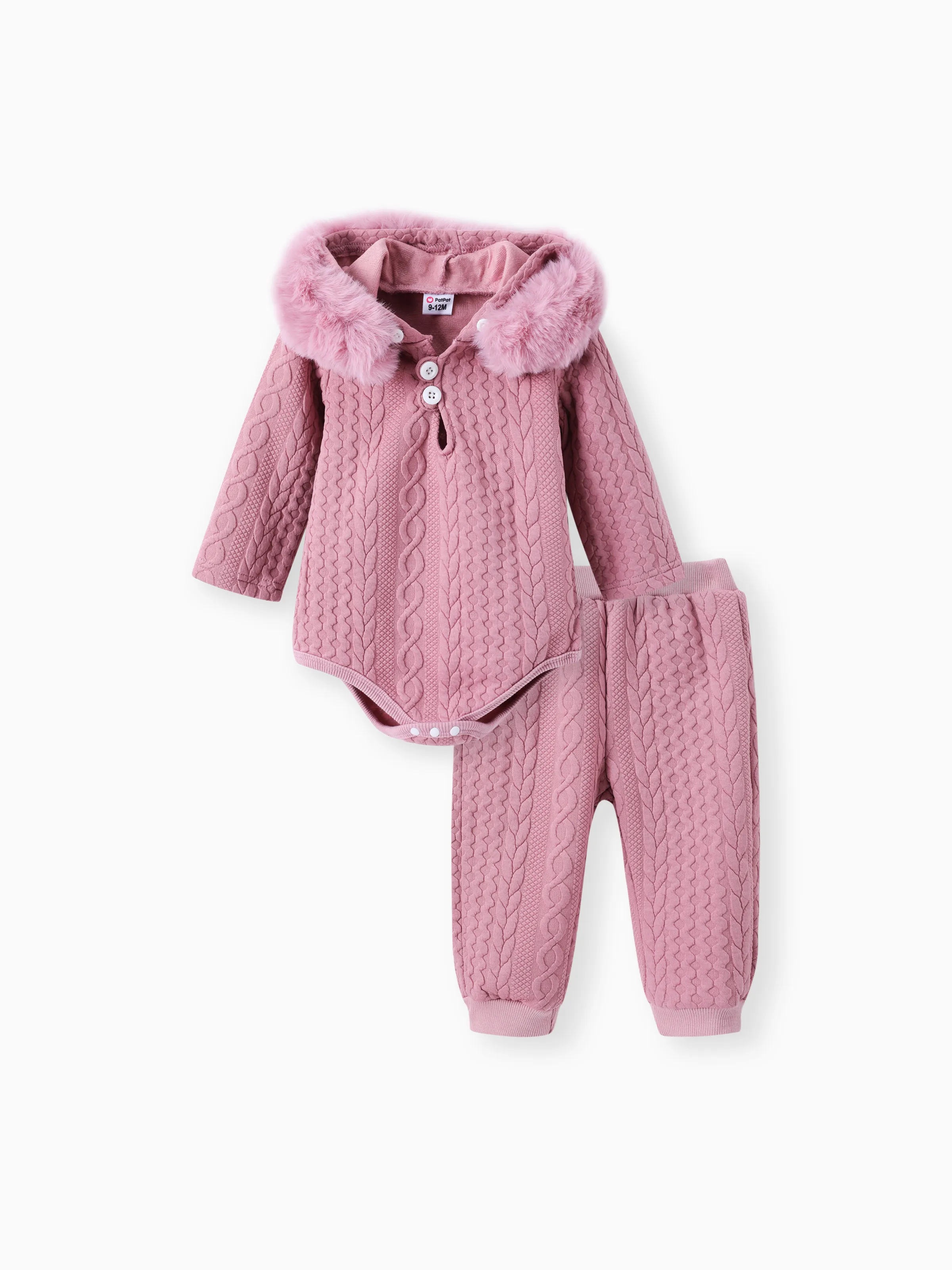 

2pcs Baby Boy/Girl White Imitation Knitting Textured Spliced Faux Fur Hooded Long-sleeve Romper and Pants Set