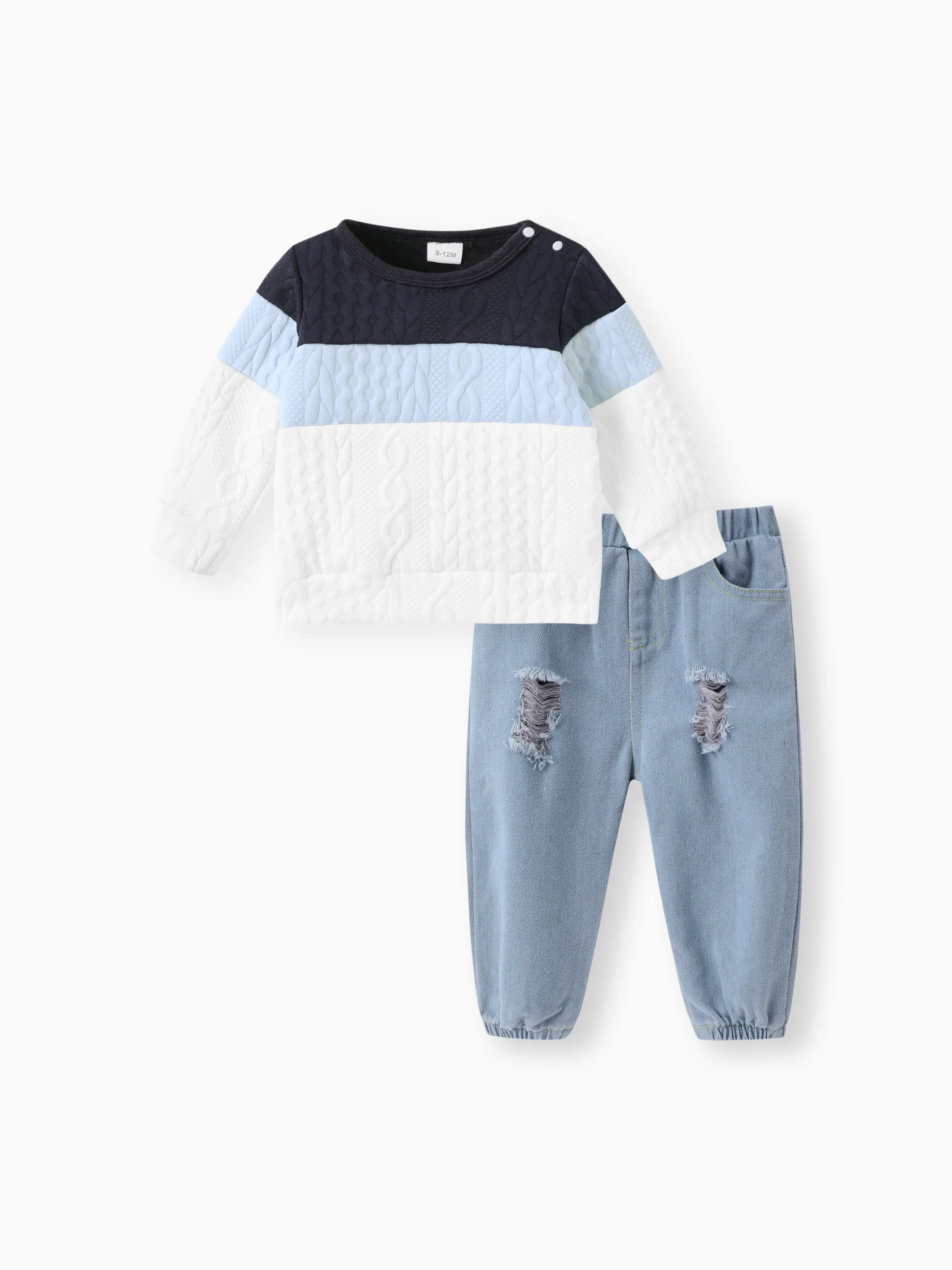 

2pcs Baby Boy 95% Cotton Ripped Jeans and Textured Colorblock Long-sleeve Sweatshirt Set