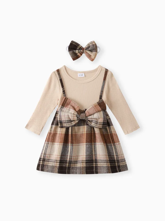 Baby 2pcs White Ribbed Splicing Pink Plaid Bowknot Long-sleeve Faux-two Dress Set