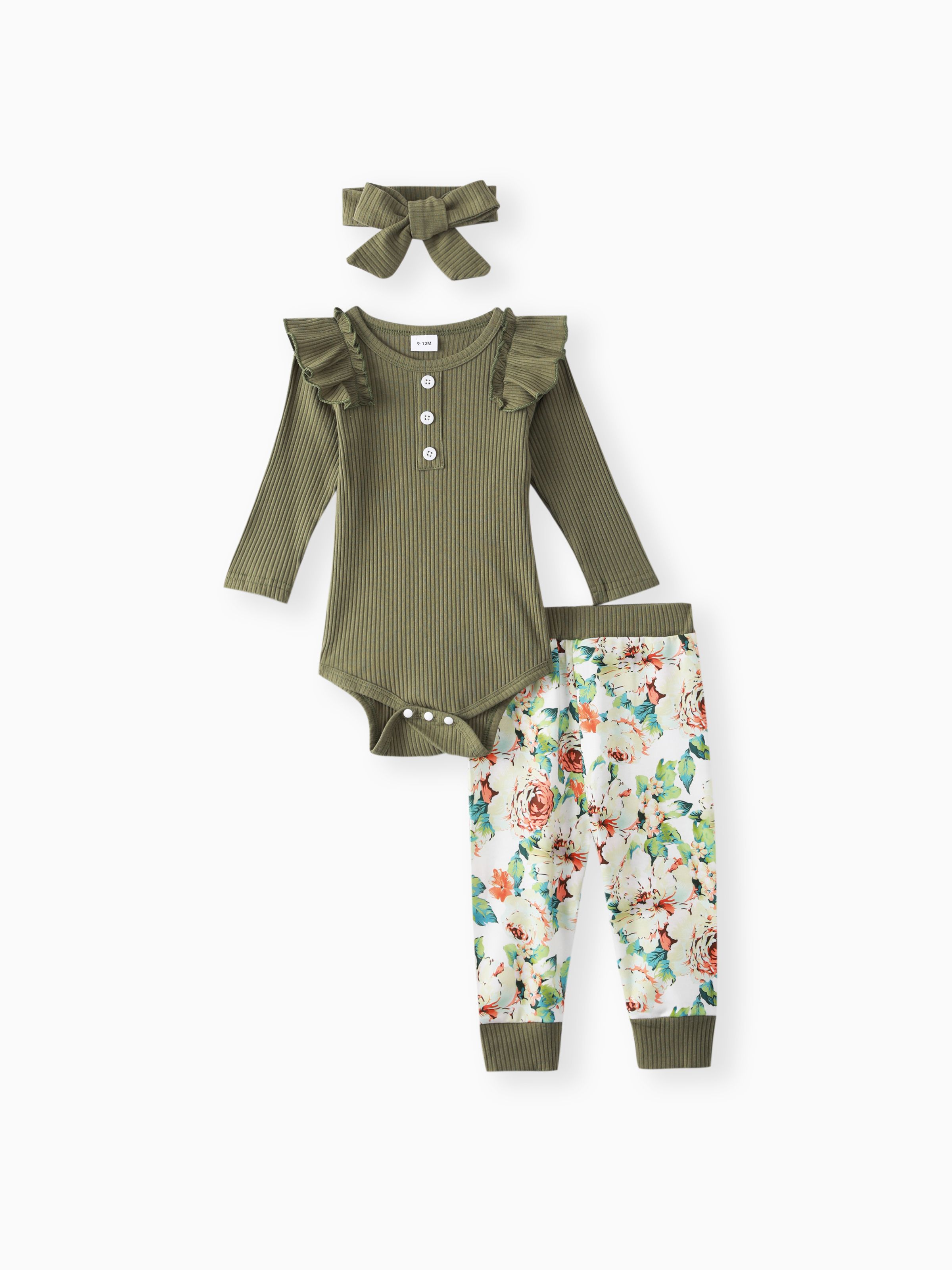 

Baby Girl 3pcs Ribbed Rose Floral Print Long Sleeve Romper Set