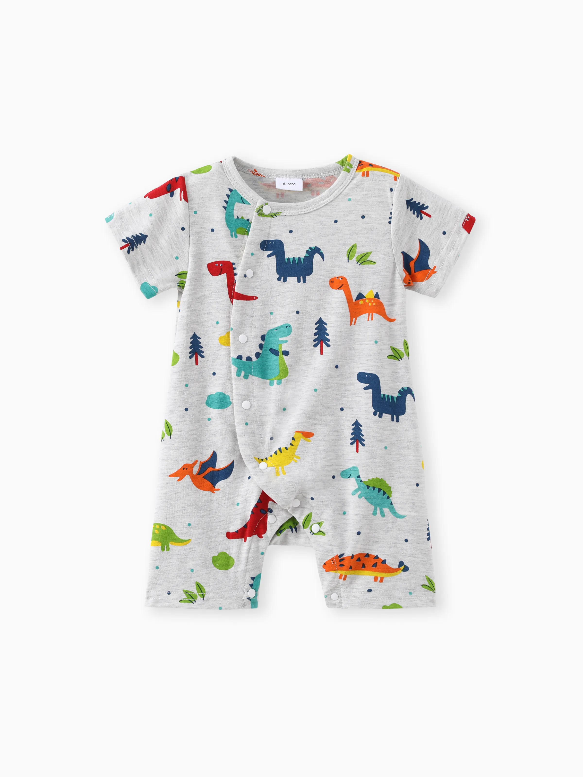 

100% Cotton Dinosaur Print Short-sleeve Grey Baby Romper
