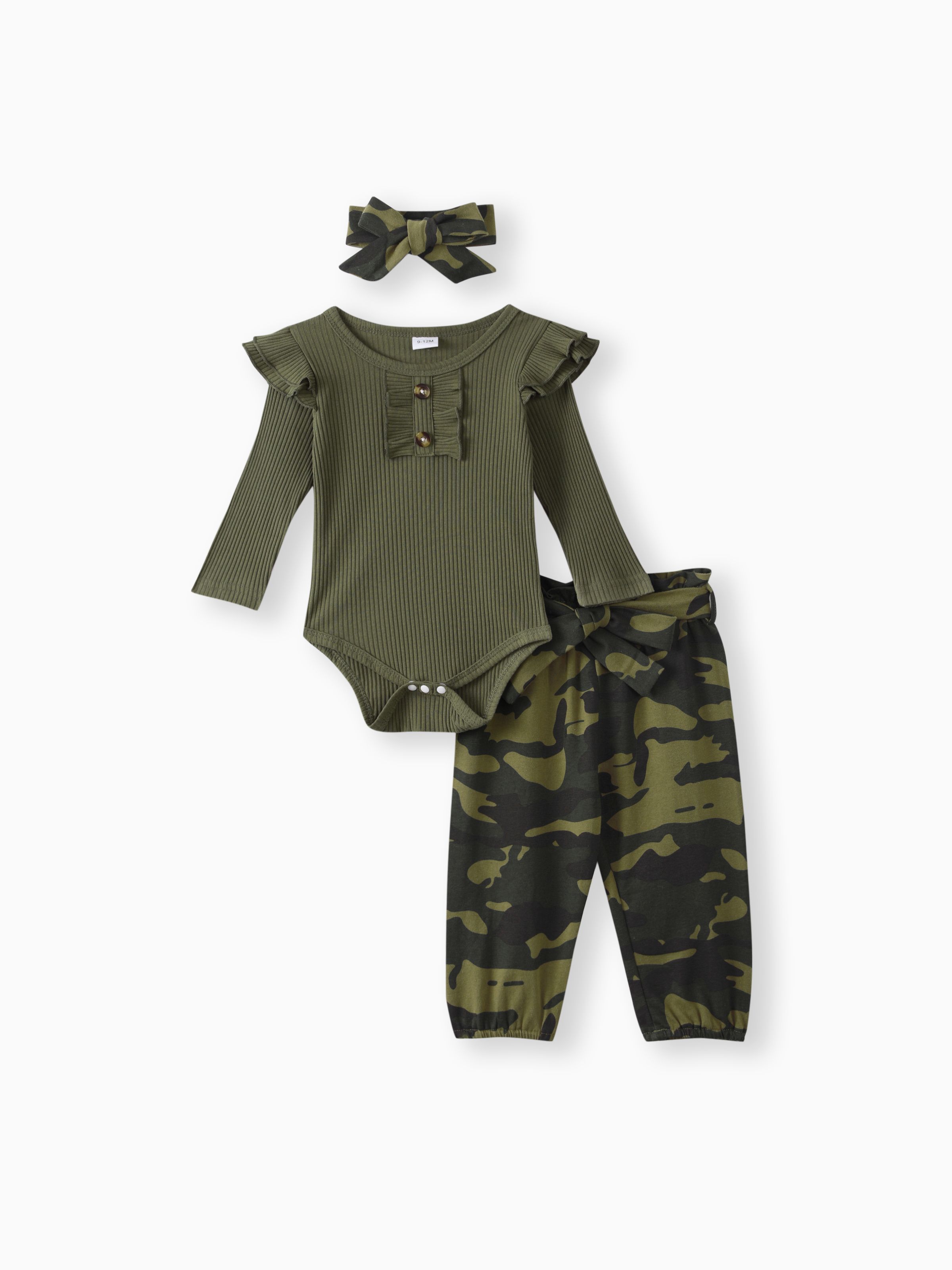

3pcs Baby Girl 95% Cotton Ribbed Ruffle Long-sleeve Romper and Camo Print Pants with Headband Set
