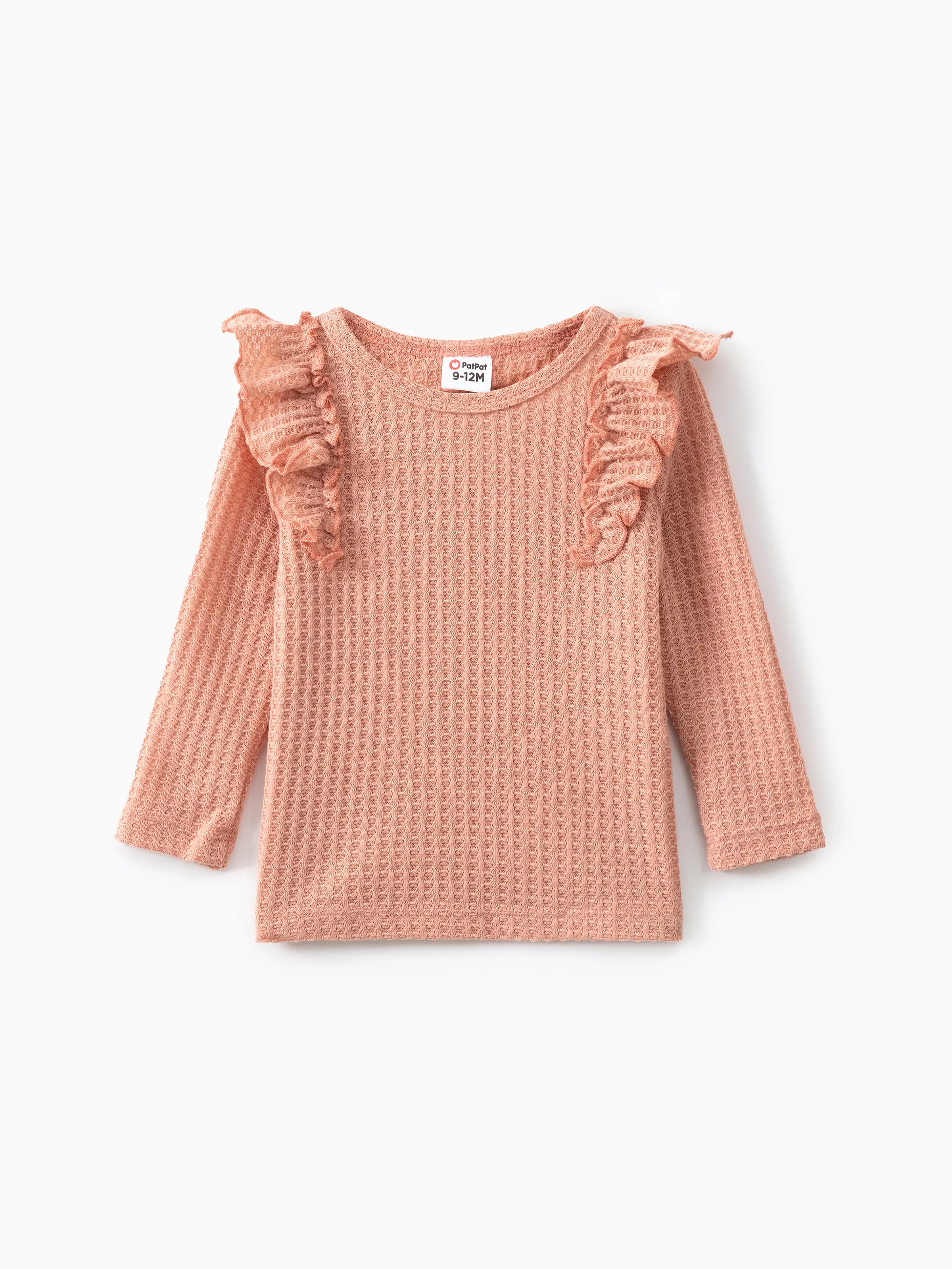 

Baby Girl Solid Waffle Textured Ruffle Trim Long-sleeve Top