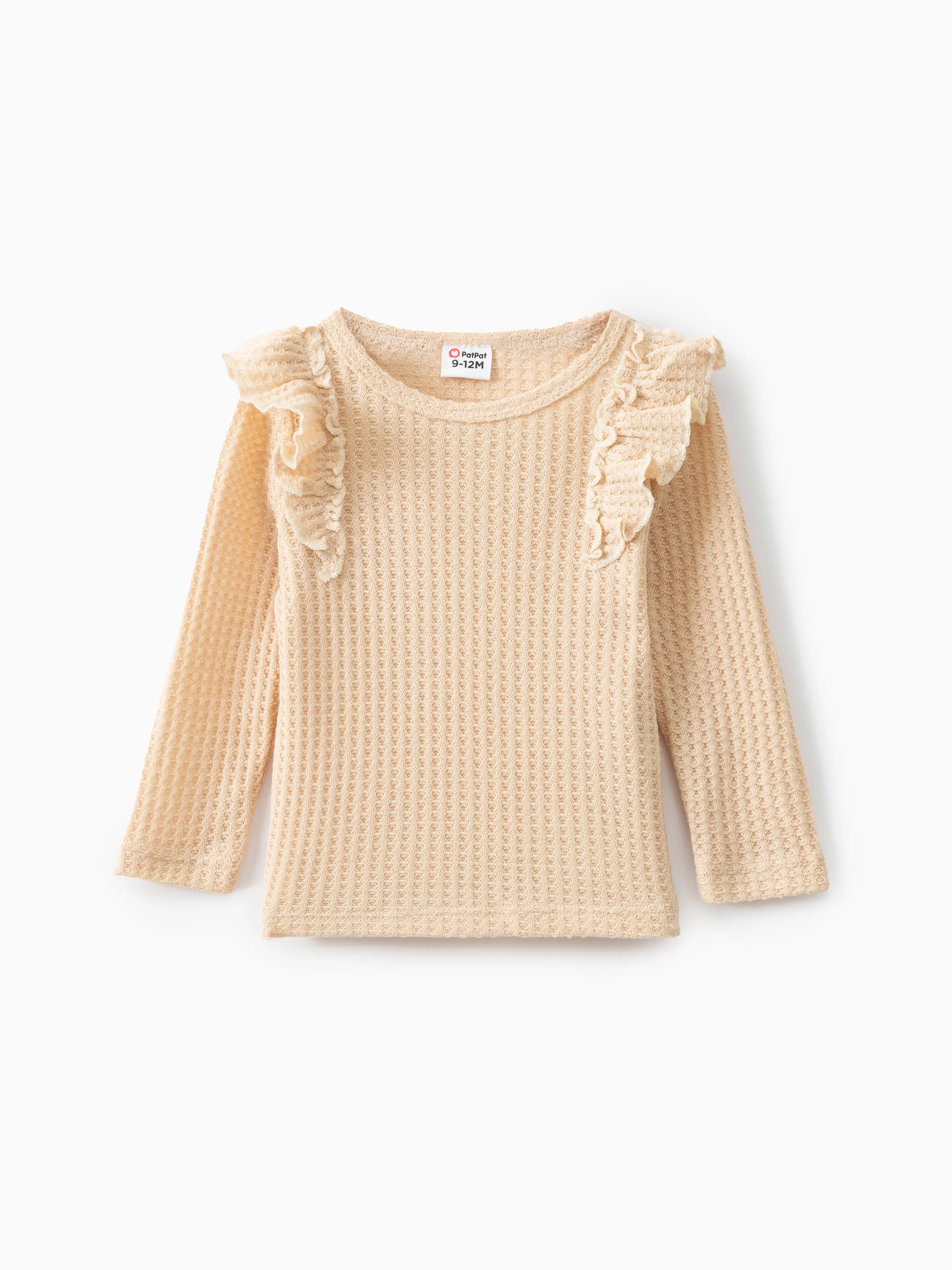 

Baby Girl Solid Waffle Textured Ruffle Trim Long-sleeve Top