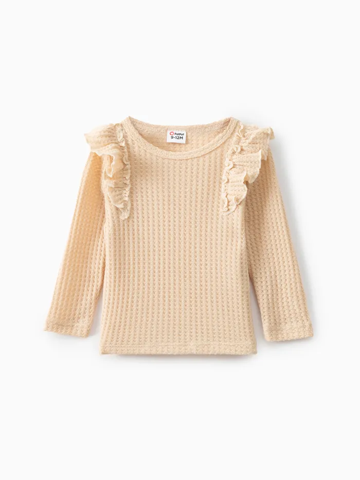 Baby Girl Solid Waffle Textured Ruffle Trim Long-sleeve Top