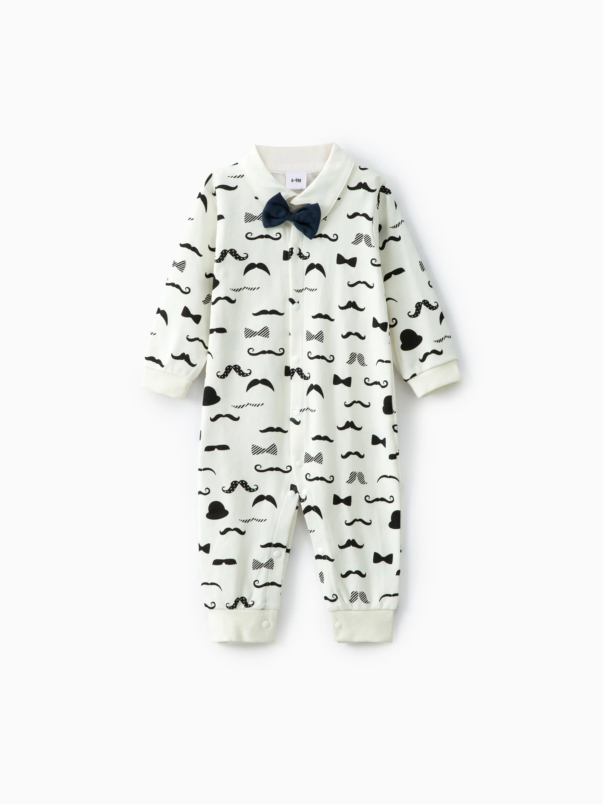 

100% Cotton Moustache Pattern Bow Tie Decor Long-sleeve Baby Jumpsuit