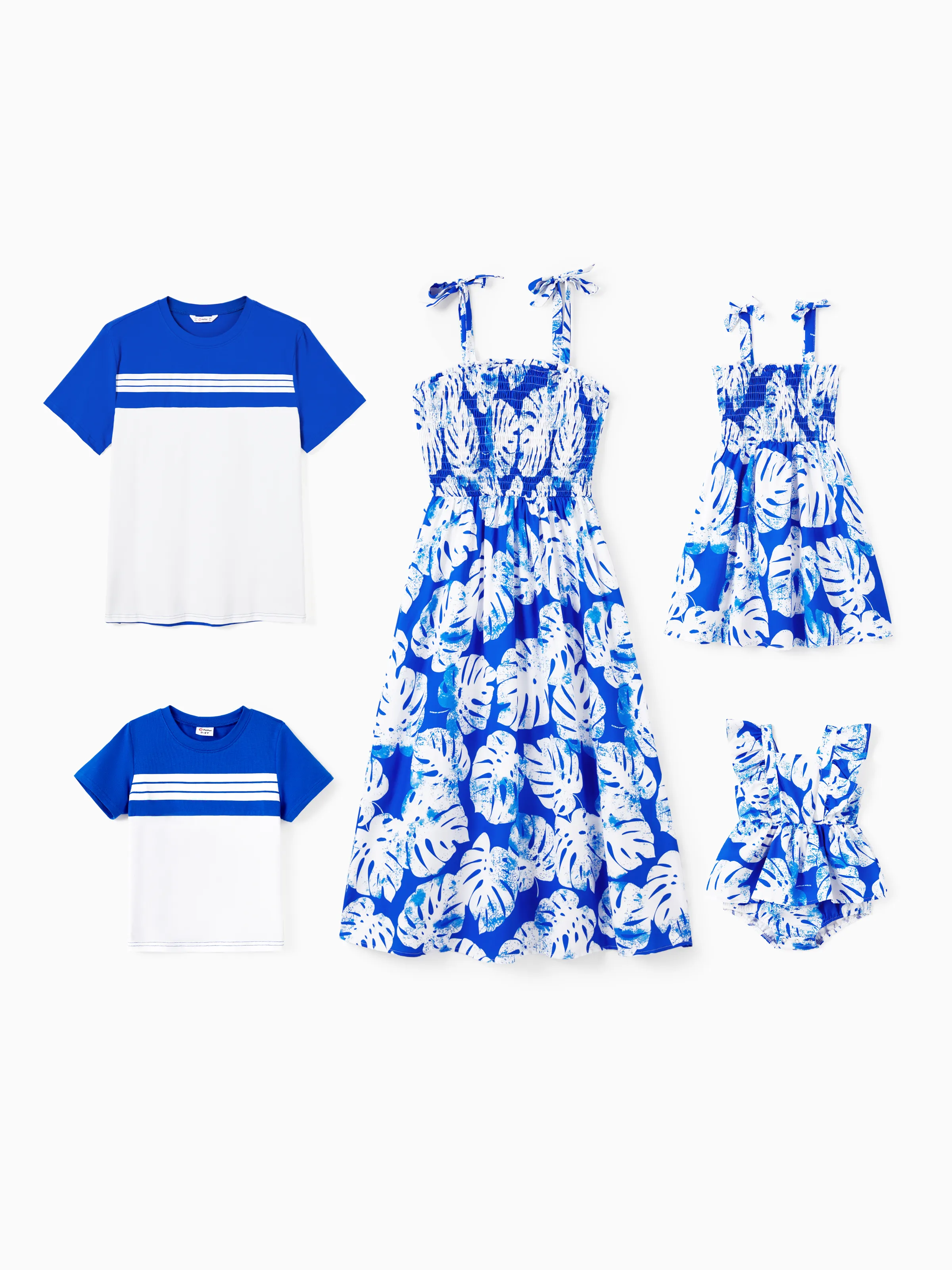 Famiglia Matching Color Block Tee e Blue Leaf Pattern Shirred Top Strap Dress Sets