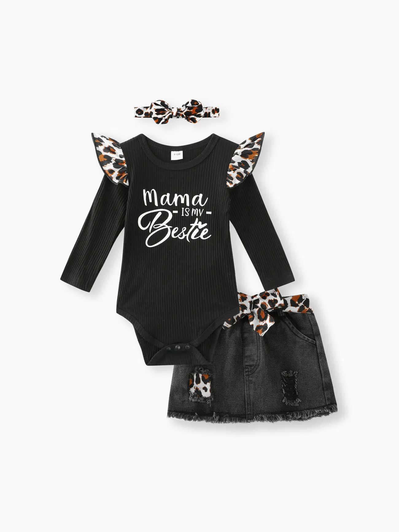 

3pcs Baby Girl 100% Cotton Leopard Print Belted Ripped Denim Skirt and Letter Print Rib Knit Long-sleeve Romper with Headband Set