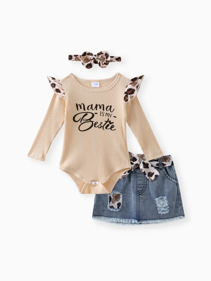 3pcs Baby Girl 100% Cotton Leopard Print Belted Ripped Denim Skirt and Letter Print Rib Knit Long-sleeve Romper with Headband Set