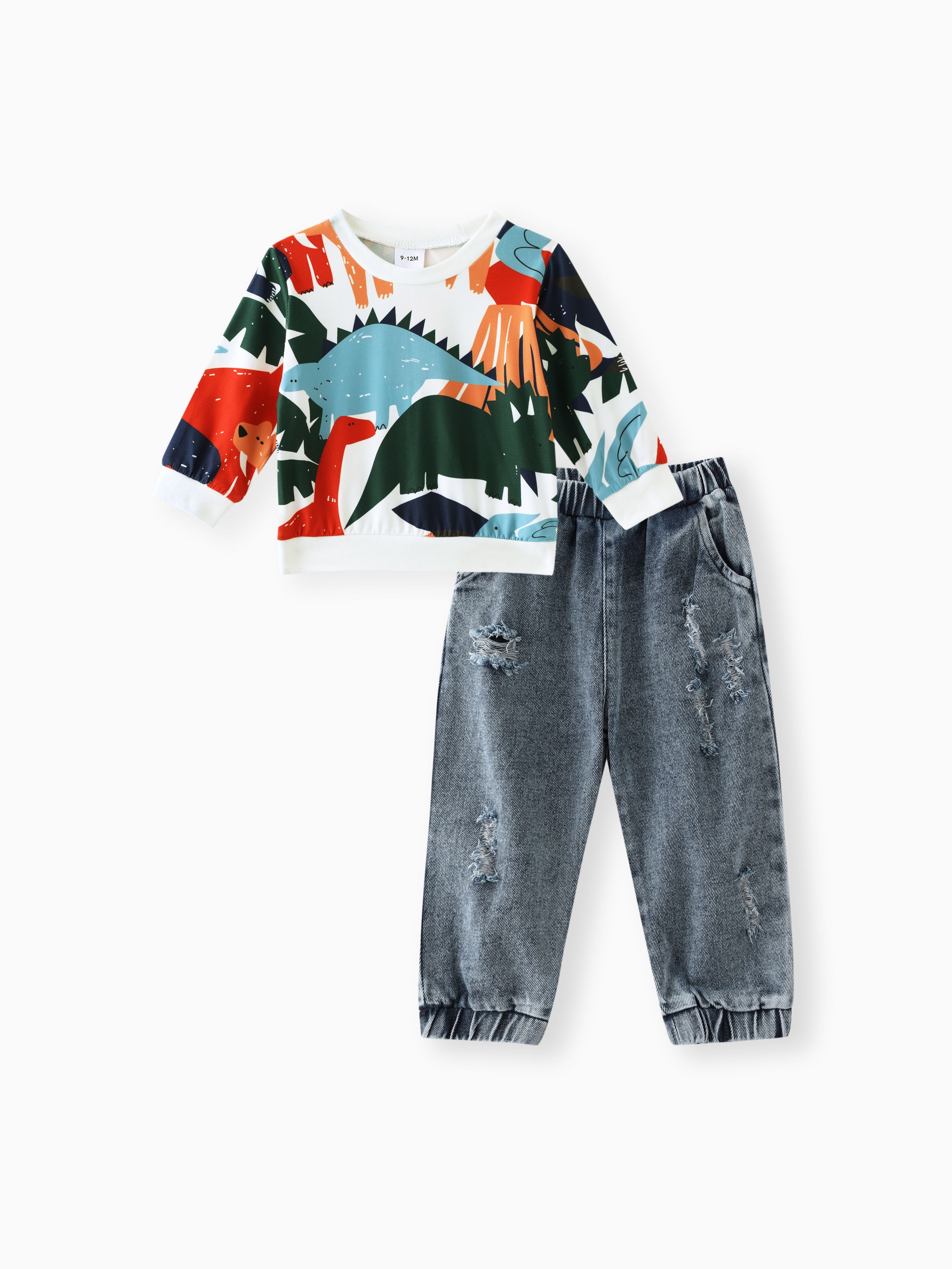 

2pcs Baby Boy Allover Dinosaur Print Long-sleeve Sweatshirt and Ripped Jeans Set