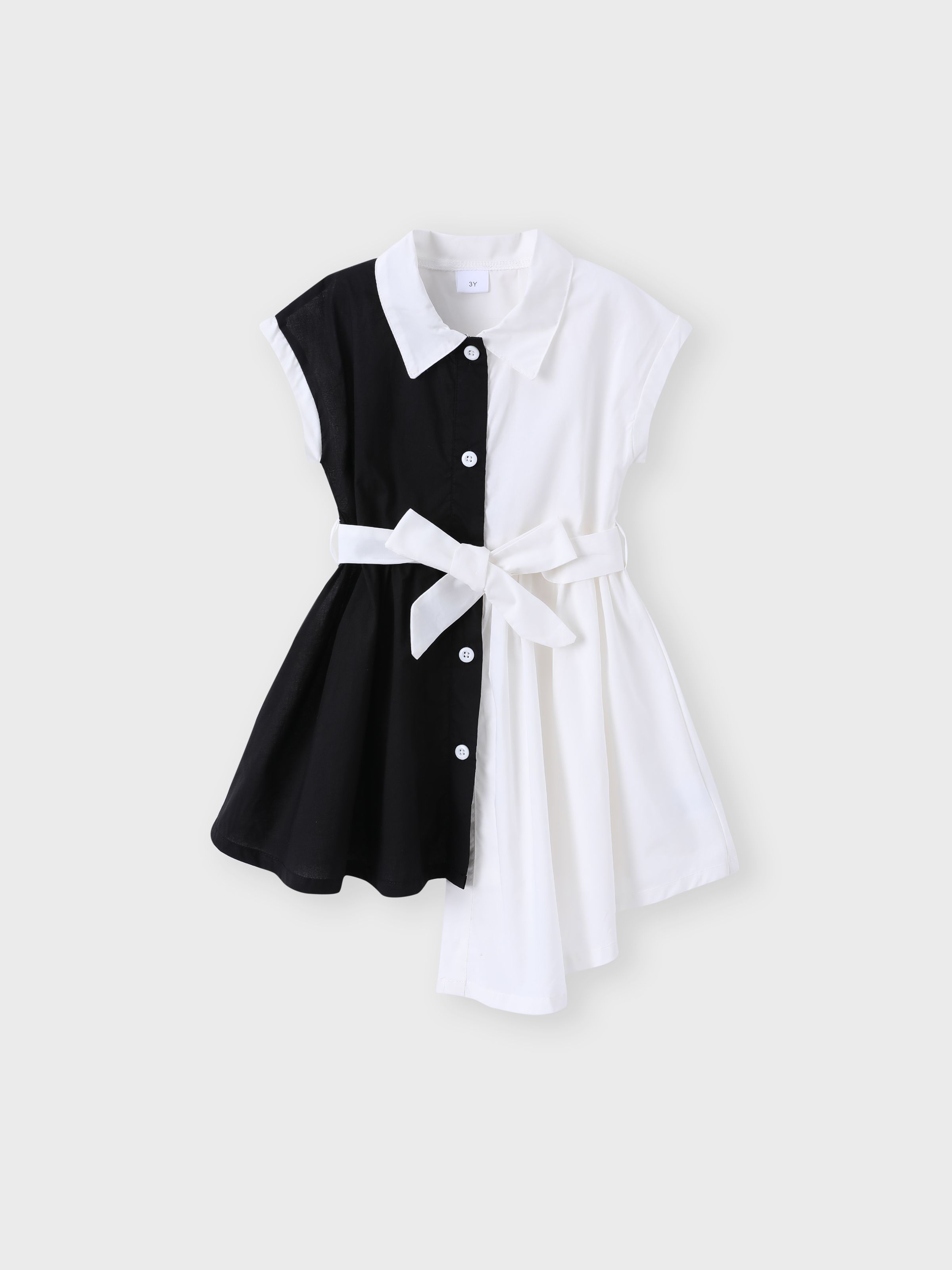 

Toddler Girl Lapel Collar Button Design Irregular Hem Black & White Splice Short-sleeve Dress