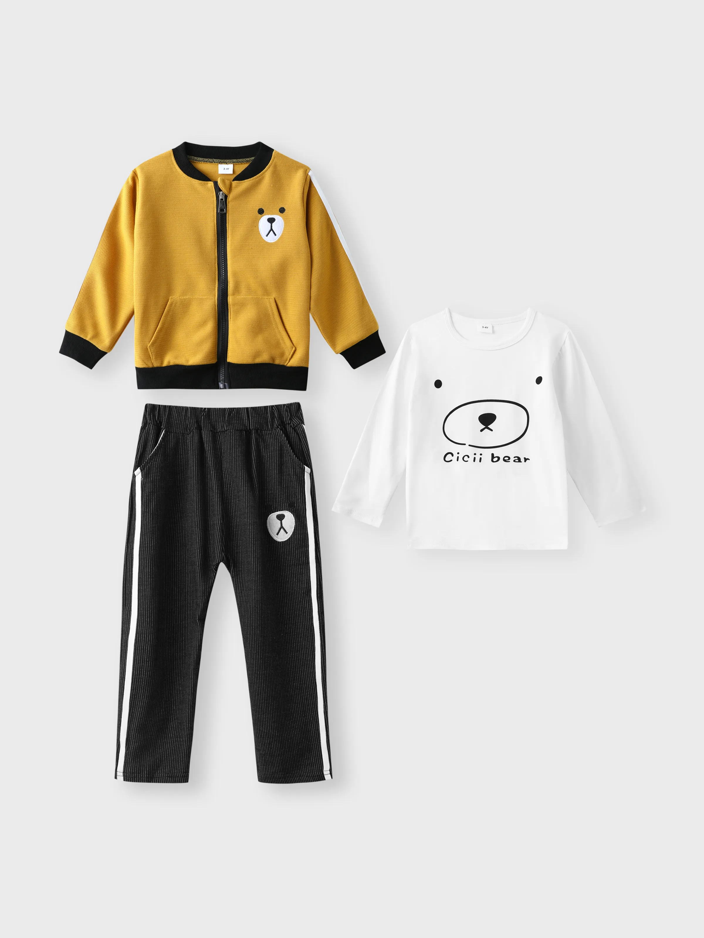 

3-piece Toddler Boy Letter Bear Print White Long-sleeve T-shirt, Bomber Jacket and Elasticized Pants Set