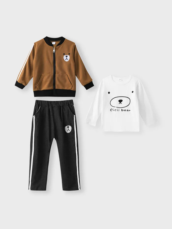 3-piece Toddler Boy Letter Bear Print White Long-sleeve T-shirt, Bomber Jacket and Elasticized Pants Set