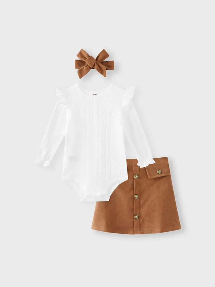 3-piece Baby Girl Ruffled Cable Knit Textured White Sweater, Button Design Brown Skirt and Headband Set