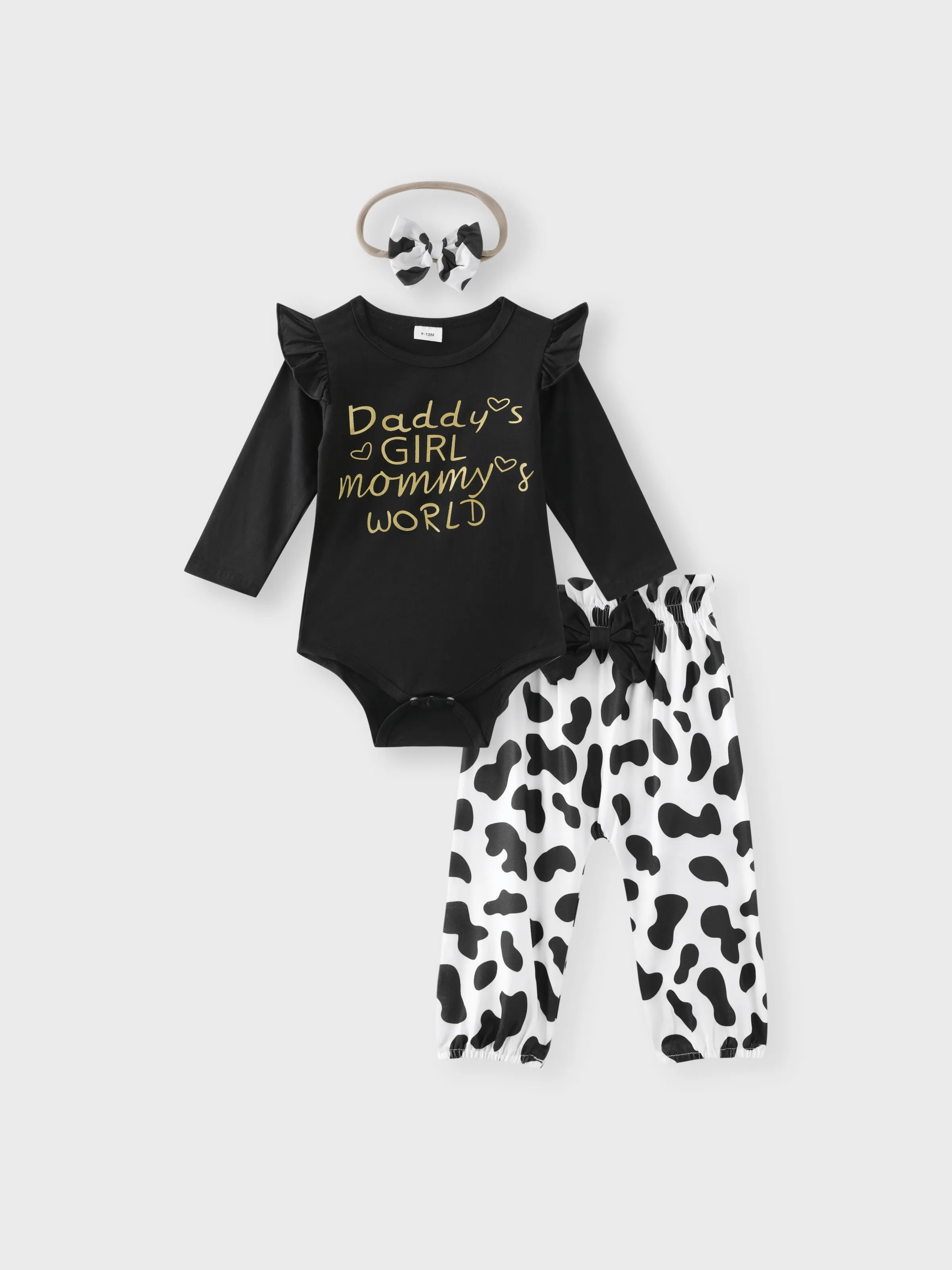 

3pcs Baby Girl Letter and Cow Print White Long-sleeve Romper and Bowknot Trousers Set