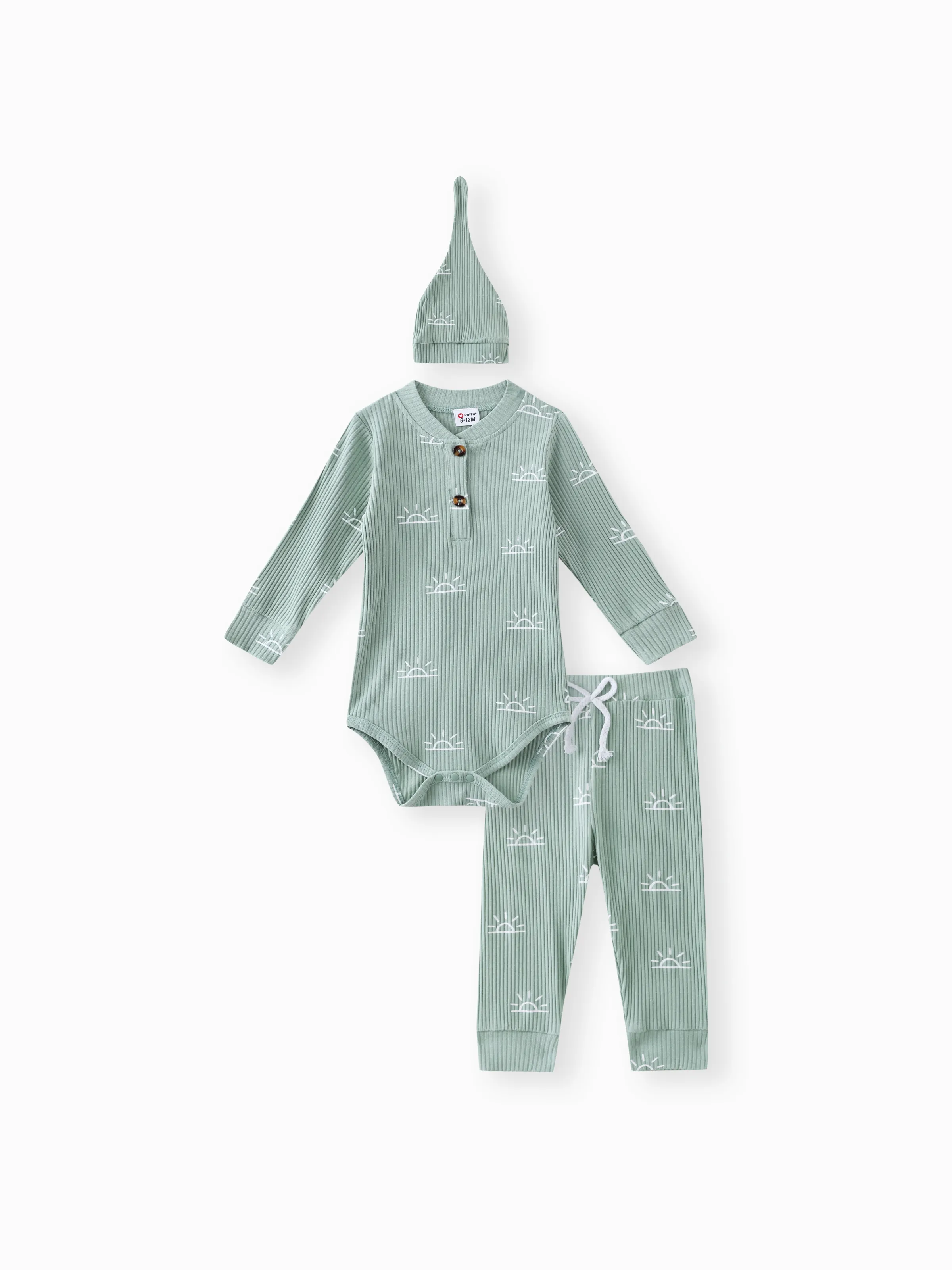 

3-piece Baby Boy/Girl 95% Cotton Ribbed Long-sleeve Sun Print Button Design Romper and Elasticized Pants with Cap Set