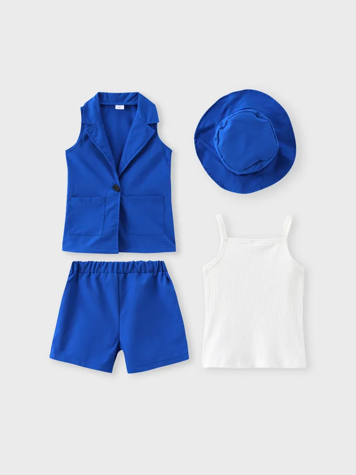 4pcs Toddler Girl Solid Rib-knit Cami Top & Shorts & Vest Blazer & Hat Set