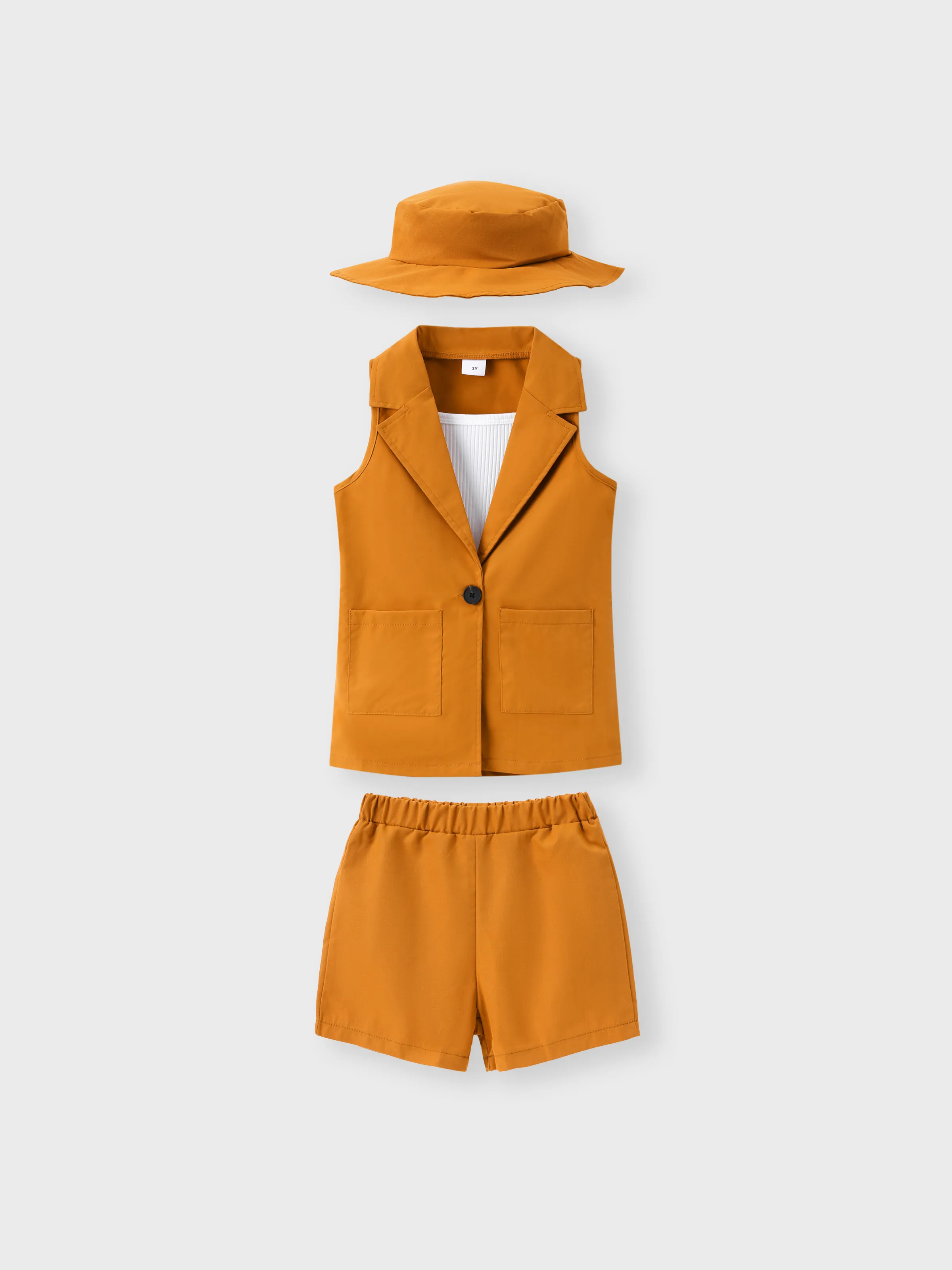 

4pcs Toddler Girl Solid Rib-knit Cami Top & Shorts & Vest Blazer & Hat Set