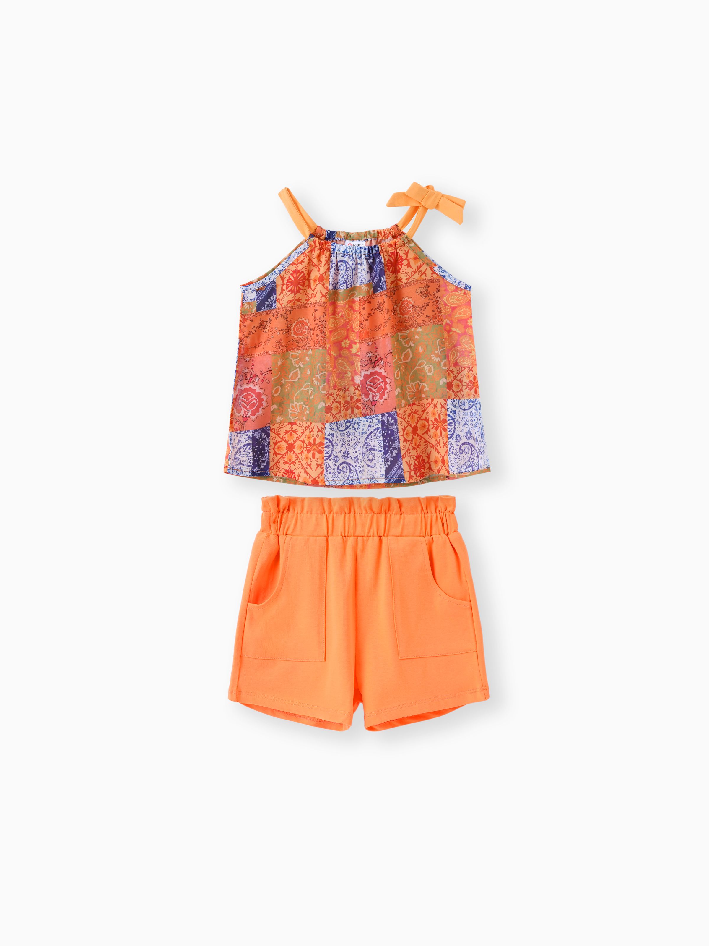 

2pcs Toddler Girl Boho Cami Top and Solid Elasticized Shorts Set