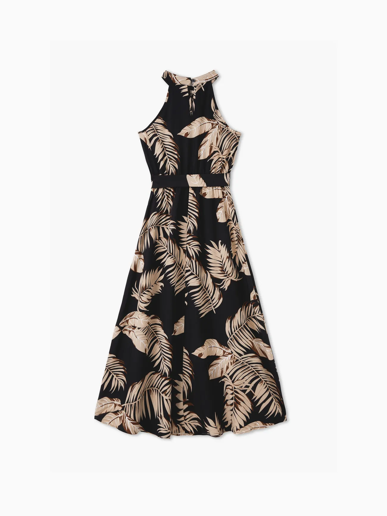 Women - Black Tropical Outfits - Family Matching Hawaiian/Cruise/Resort Outfits (Halter Dresses) with Leaves Pattern - Black - image 3