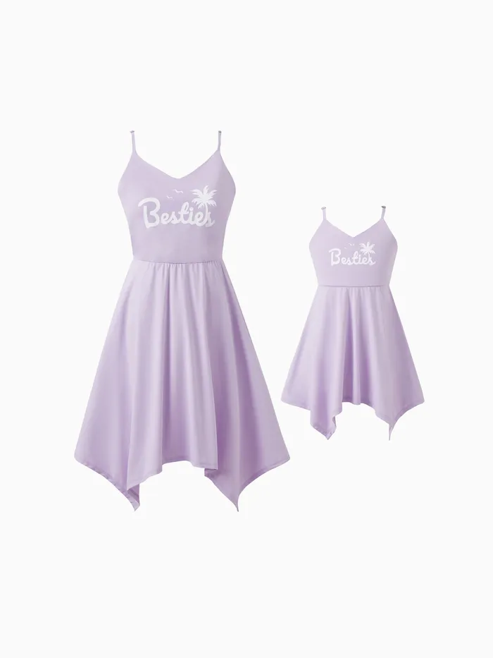 Quick-Dry Mommy and Me Light Purple Besties Slogan Coconut Tree Print Irregular Hem Strap Dress 