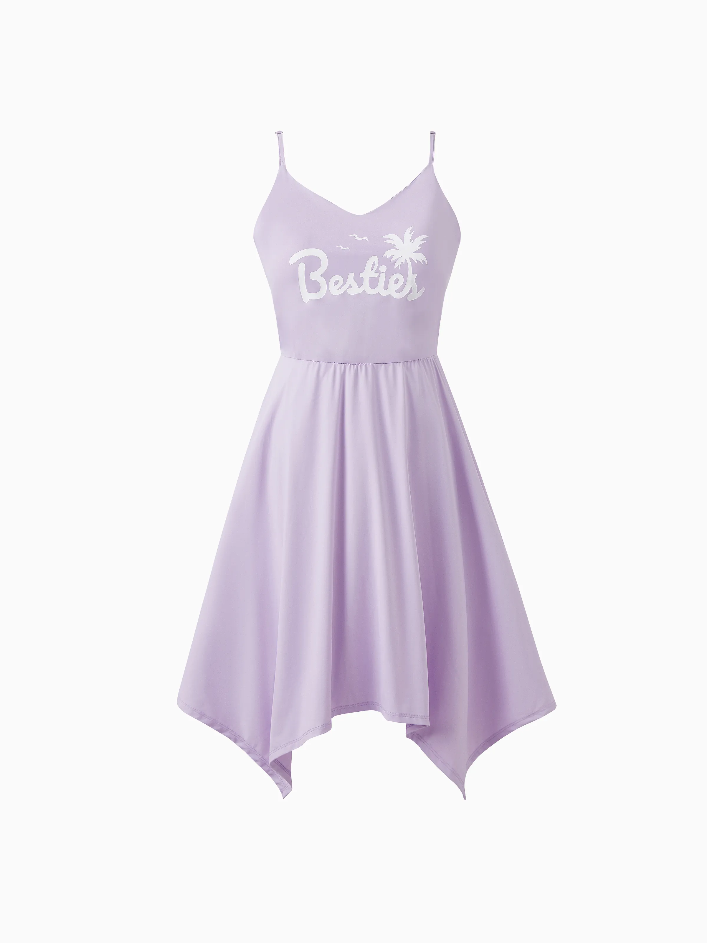 

Quick-Dry Mommy and Me Light Purple Besties Slogan Coconut Tree Print Irregular Hem Strap Dress