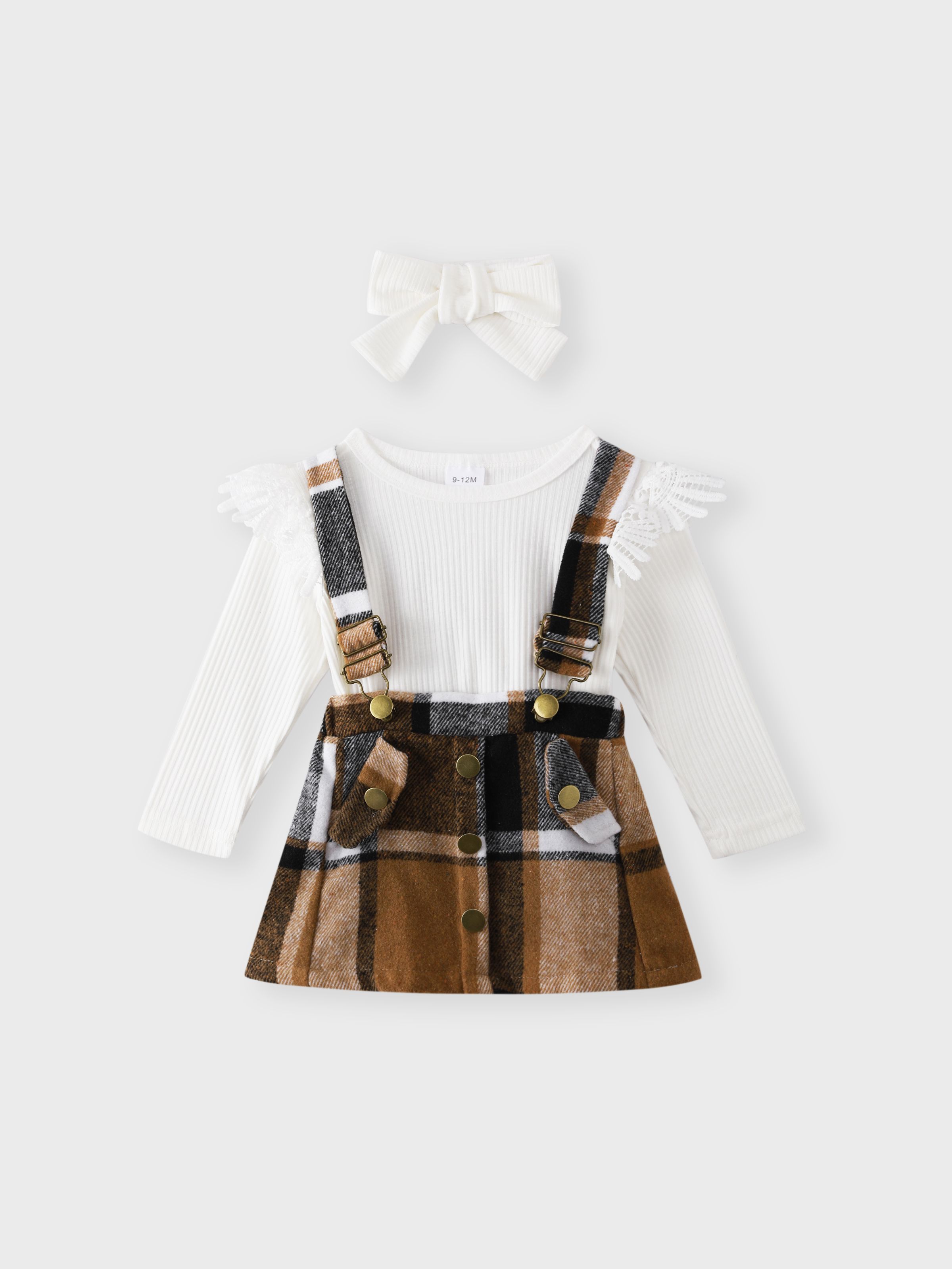 

3pcs Baby Girl 95% Cotton Rib Knit Spliced Lace Long-sleeve Romper and Plaid Suspender Skirt with Headband Set