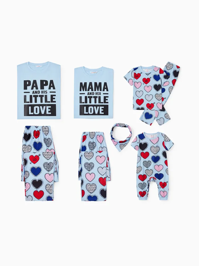 Conjuntos de pijamas de pantalones y tops de poliéster con estampado de texto y corazón a juego con la familia (resistente a las llamas)
