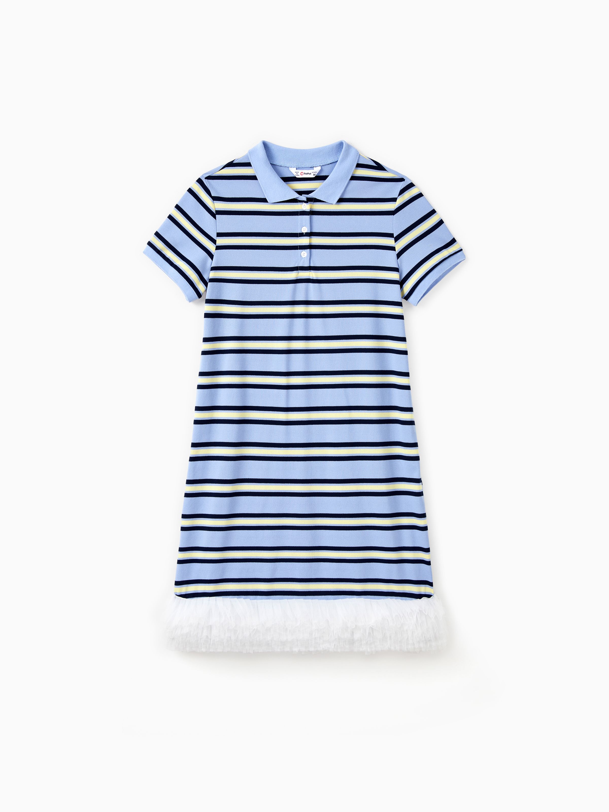 

Family Matching Sets Vertical Striped Short Sleeves Polo Shirt or Lace Ruffle Pleated Lace Trim Polo Dress