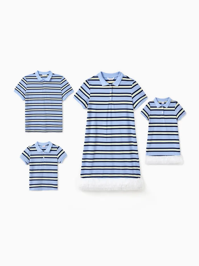 Family Matching Sets Vertical Striped Short Sleeves Polo Shirt or Lace Ruffle Pleated Lace Trim Polo Dress 